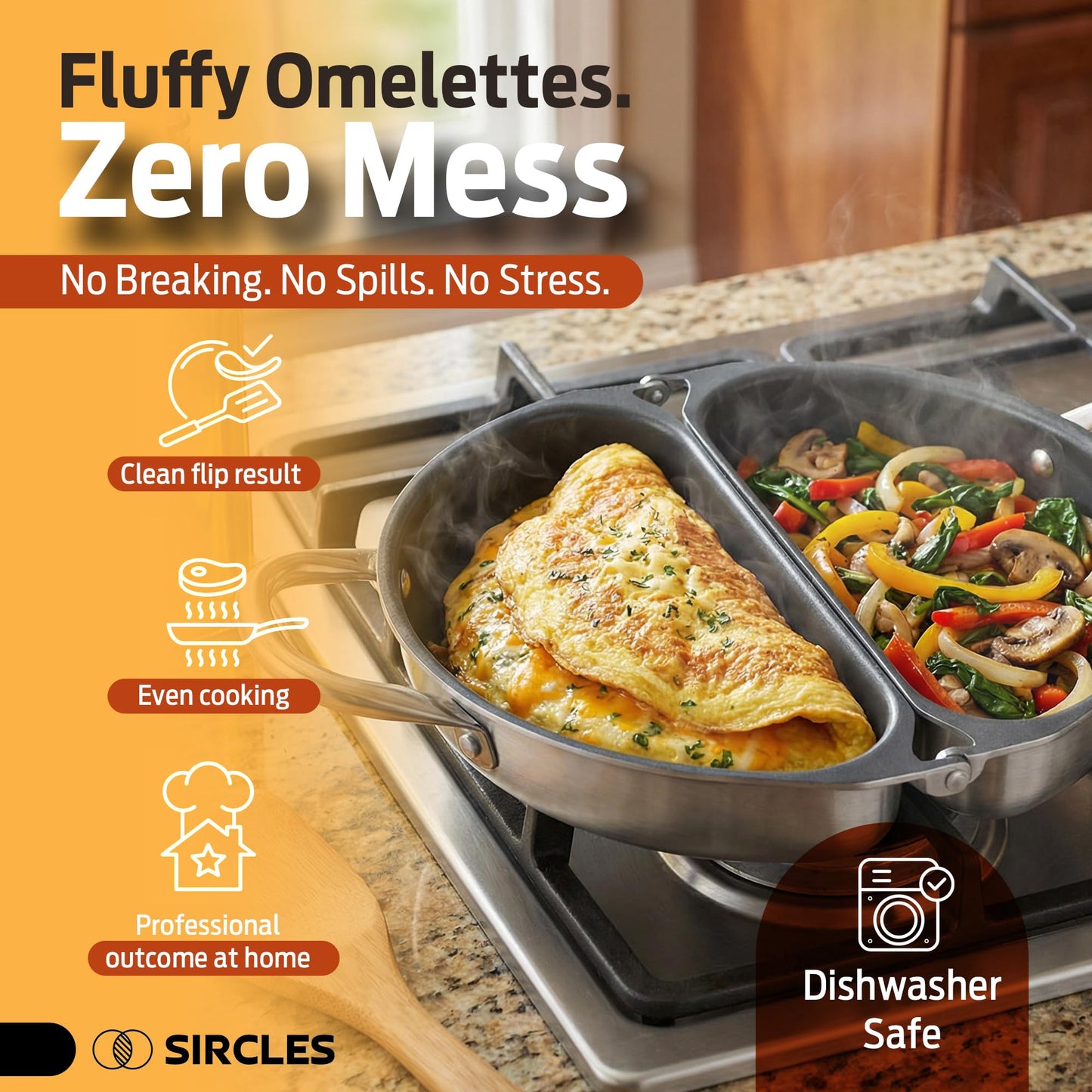 SIRCLES Omelette Pan Double Sided Non Stick Omelette Maker, 3004 Aluminum, Induction Compatible, Dishwasher Safe, PFOA Free, Flip Lock Egg Pan with Spatula & Recipe eBook, Omelette Makers
