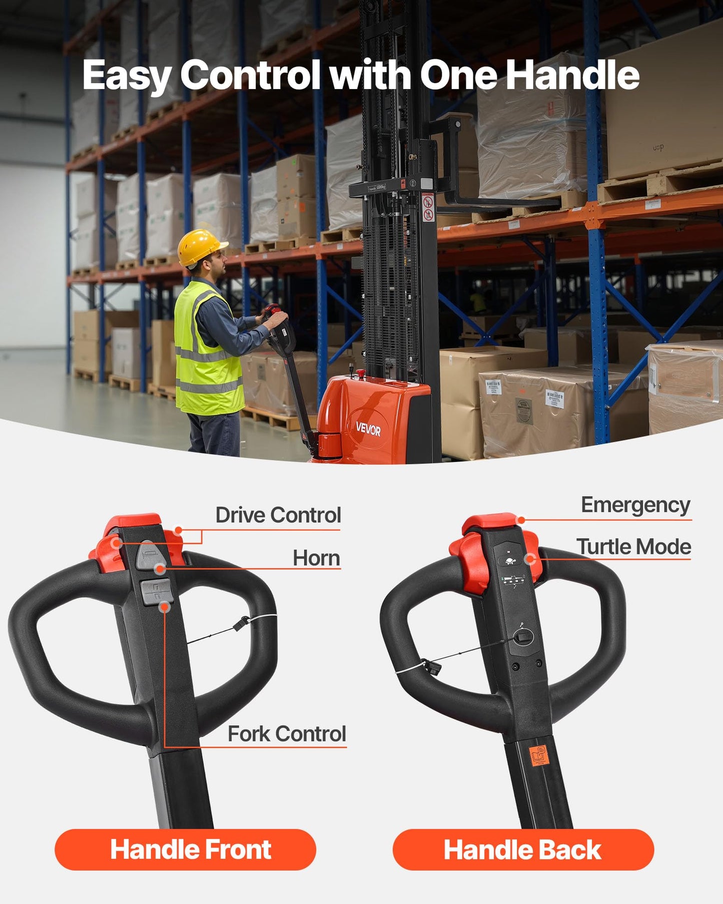 VEVOR Full Electric Pallet Stacker, 3300 lbs Capacity, 130'' Lifting Height, Pallet Lift Stacker Forklift with Straddle Legs & Forks, 8.66-31.1 Inches Adjustable Fork Width, Orange & Black