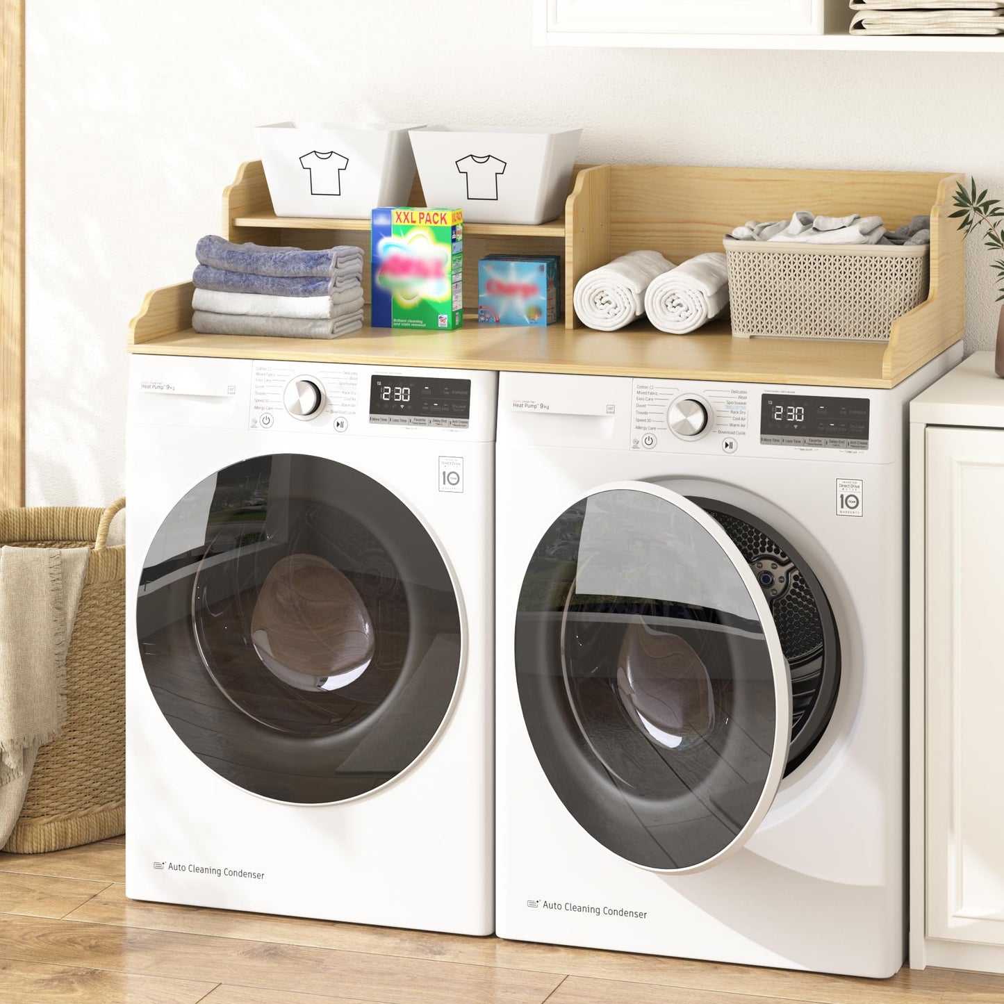 YEMNMFH 2-Tier Washer Dryer Countertop - 54” W x 27.5” D Laundry Room Organization and Storage, 100% Solid Wooden Washer and Dryer Topper, Space-Saving Laundry Countertop with Anti-Slip Pads, Natural