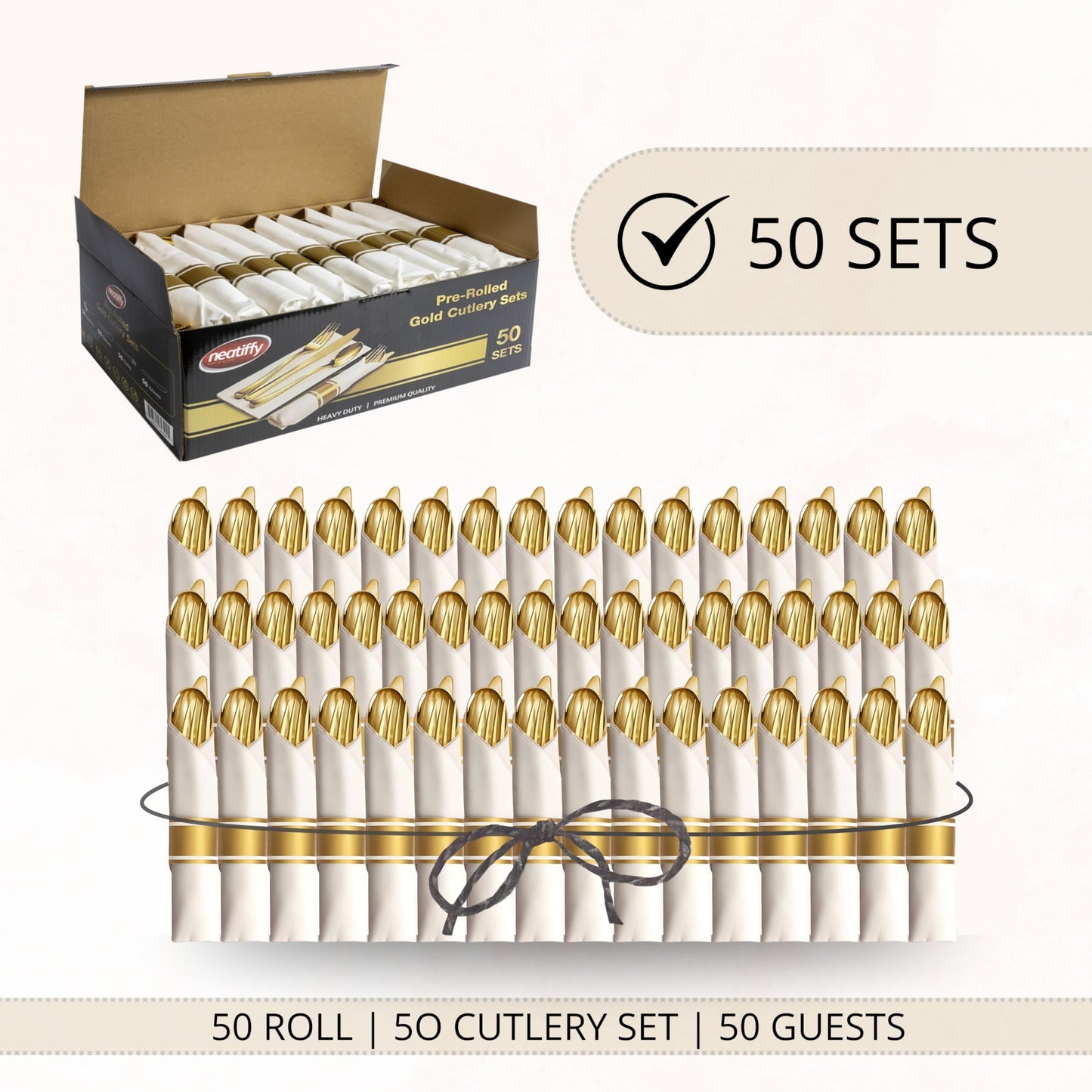 Neatiffy 50 Pack Gold Plastic Silverware Set, Pre Rolled Napkin and Cutlery Set with 50 Forks, 50 Knives, 50 Spoons, 50 Napkins, Utensils, Silverware for Parties, Weddings and Birthdays