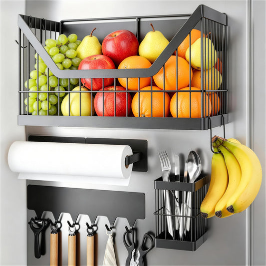 4-Pack Magnetic Shelf for Fridge, Potato and Onion Storage Bins, Magnetic Spice Rack for Refrigerator with Magnetic Basket, Paper Towel Holder, Utensil Rack and Hook Rack - for Pantry, Kitchen Counter