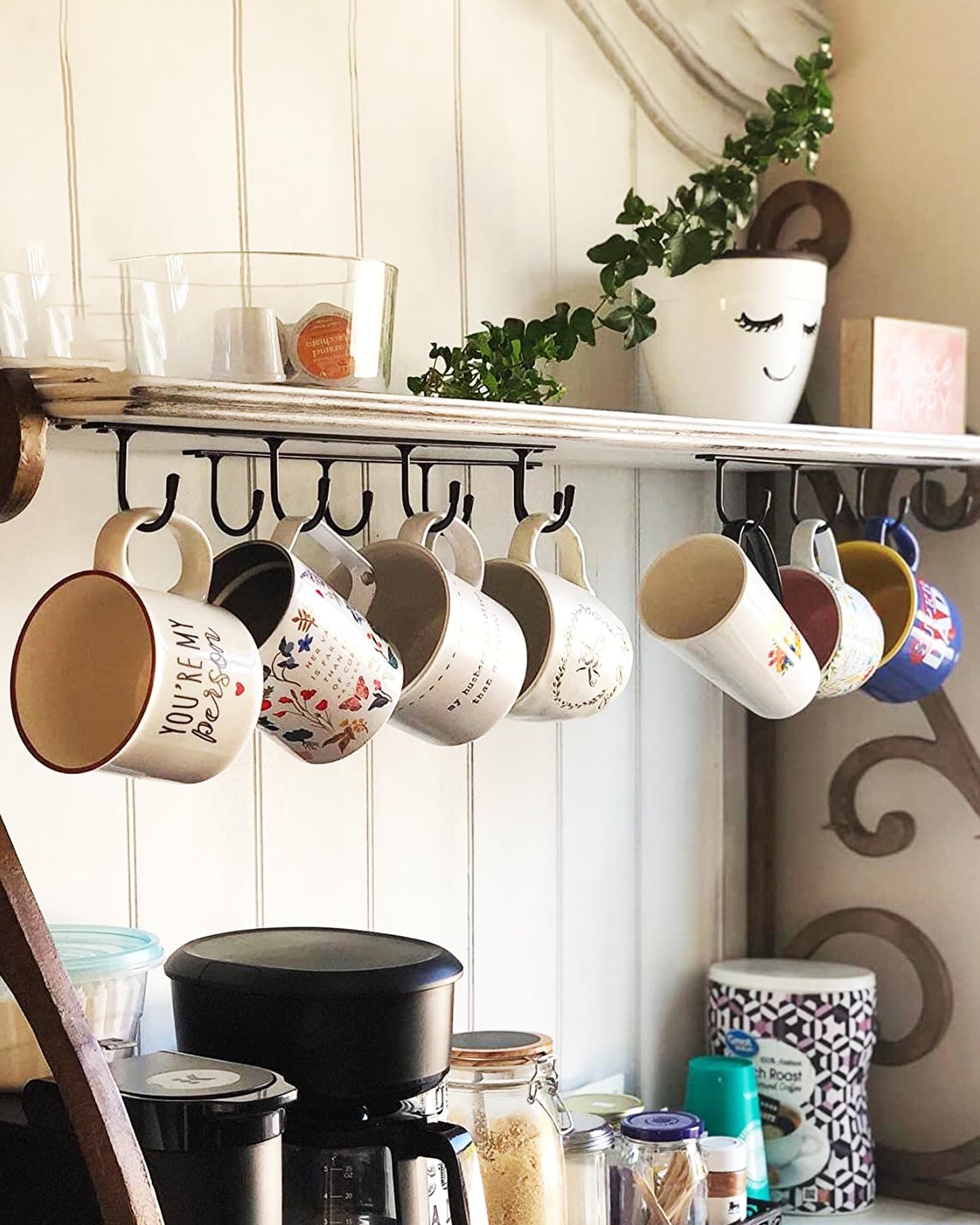YQBOOM Mug Hanger Under Cabinet 3 Pcs Metal Coffee Hooks Wall Mounted Coffee Cup Rack Mug Storage Organizer for Kitchen Dining Bar - Black
