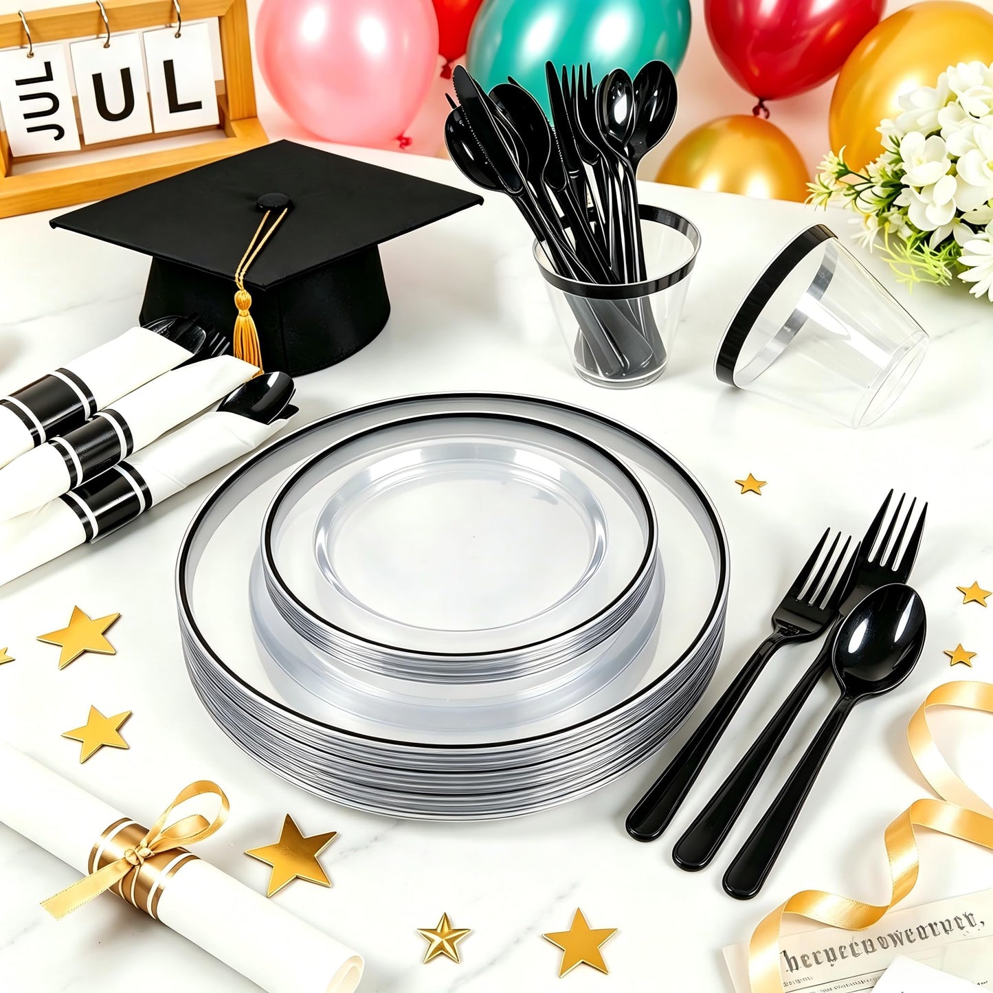 SUT 175 Pcs Black and Clear Plastic Dinnerware Set for 25 Guests, Include: 25 Dinner Plates, 25 Dessert Plates, 25 Pre Rolled Napkins With Silverware, 25 Cups, Disposable Plates for Party