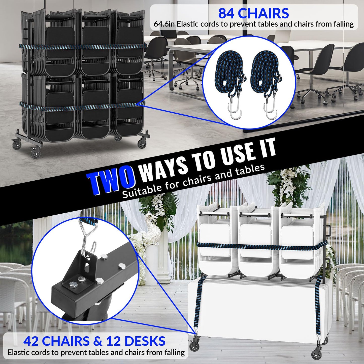 Folding Chair Cart, Holds 84 Folding Chairs or 24 Tables, Heavy-Duty Storage cart, 1000 lbs Weight Capacity, Includes Rain Cover and 360° Rubber Locking Wheels
