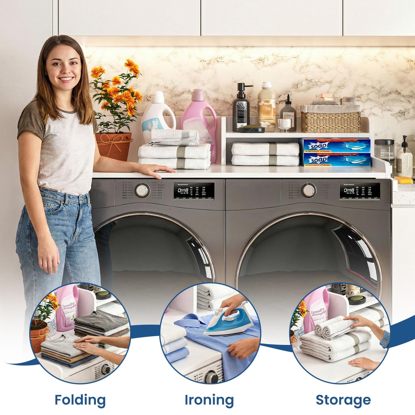 BREENHILL Washer Dryer Countertop with Open Storage Shelf & Raised Edge Guard, Laundry Countertop Over Washer Dryer, Non-Slip Heavy Duty Wood Topper for Front Load Machines, White