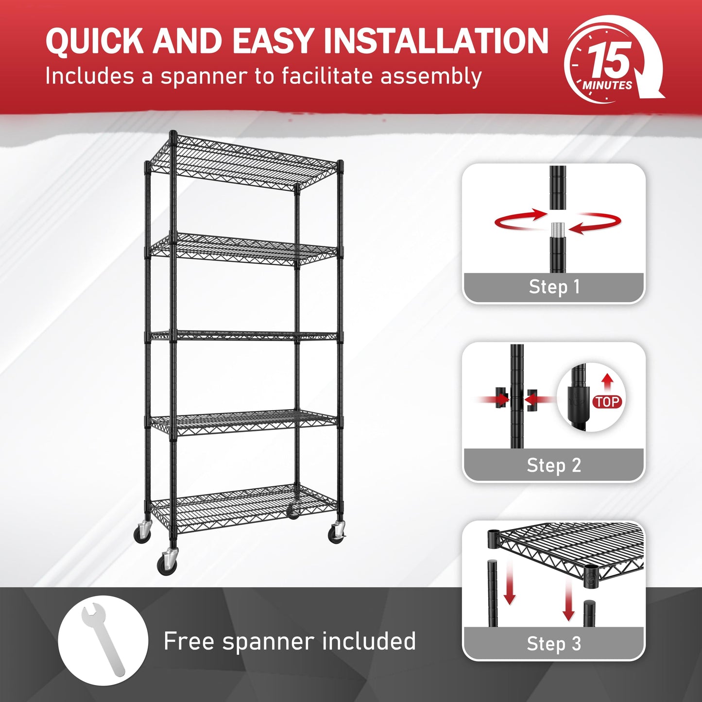 MUPATER 36" W x 18" D x 72" H Wire Shelving Rack, 5-Tier Heavy Duty Rolling Storage Cart with 2000LBS Capacity, Adjustable Shelves & 3" Silent Lockable Wheels for Kitchen, Black