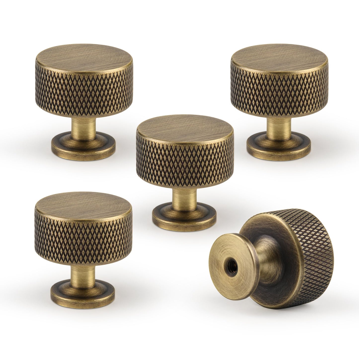 Urnew Antique Brass Kitchen Cabinet Knobs 5 Pack, 1.1Inch Knurled Brass Dresser Drawer Pulls, Modern Furniture Hardware Handles for Cupboard Wardrobe Vanity Closet Door