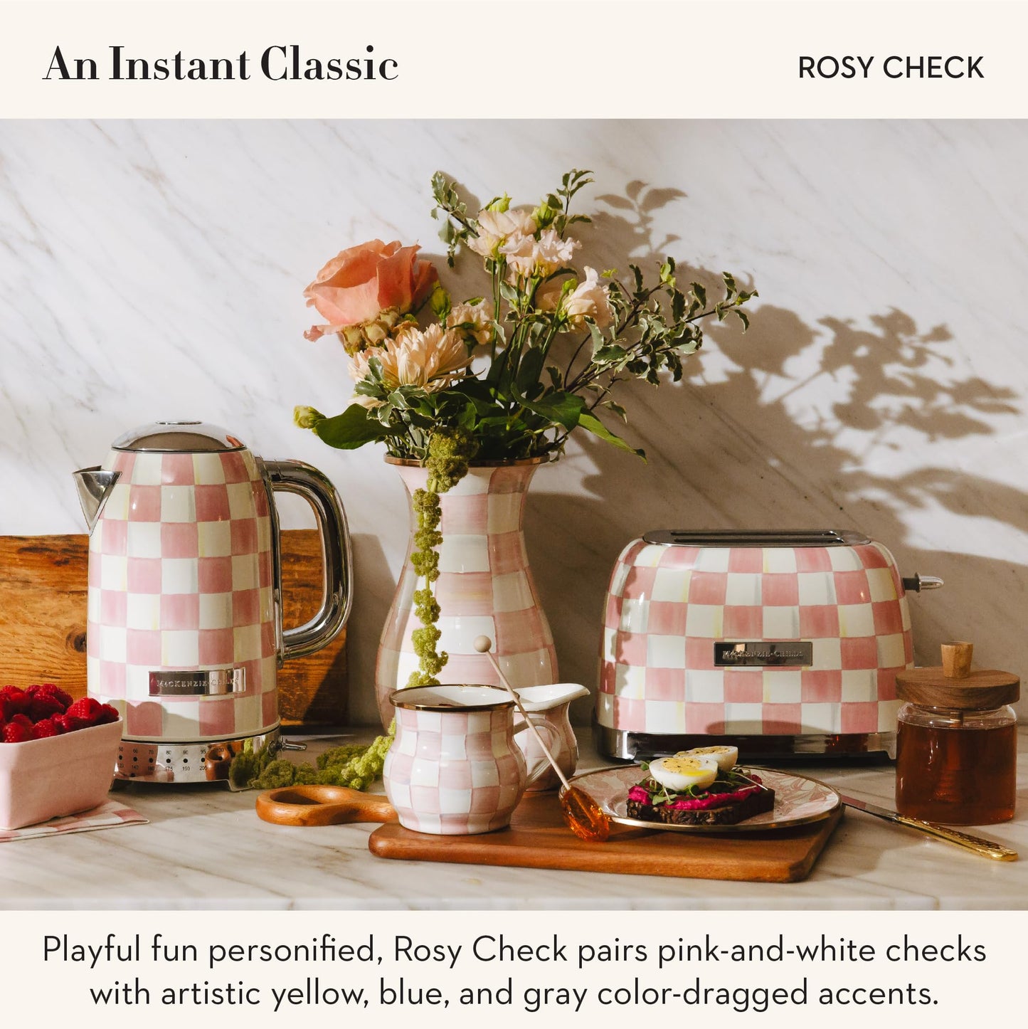 MACKENZIE-CHILDS Electric Kettle, Stainless-Steel Tea Kettle, Pink-and-White Rosy Check