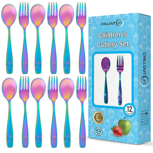 CHILLOUT LIFE Stainless Steel Kids Silverware Set 12 Pieces - Child and Toddler Safe Flatware - Kids Utensil Set - Metal Kids Cutlery Set (Includes 6 Small Kids Spoons & Kids 6 Forks, UV Rainbow)