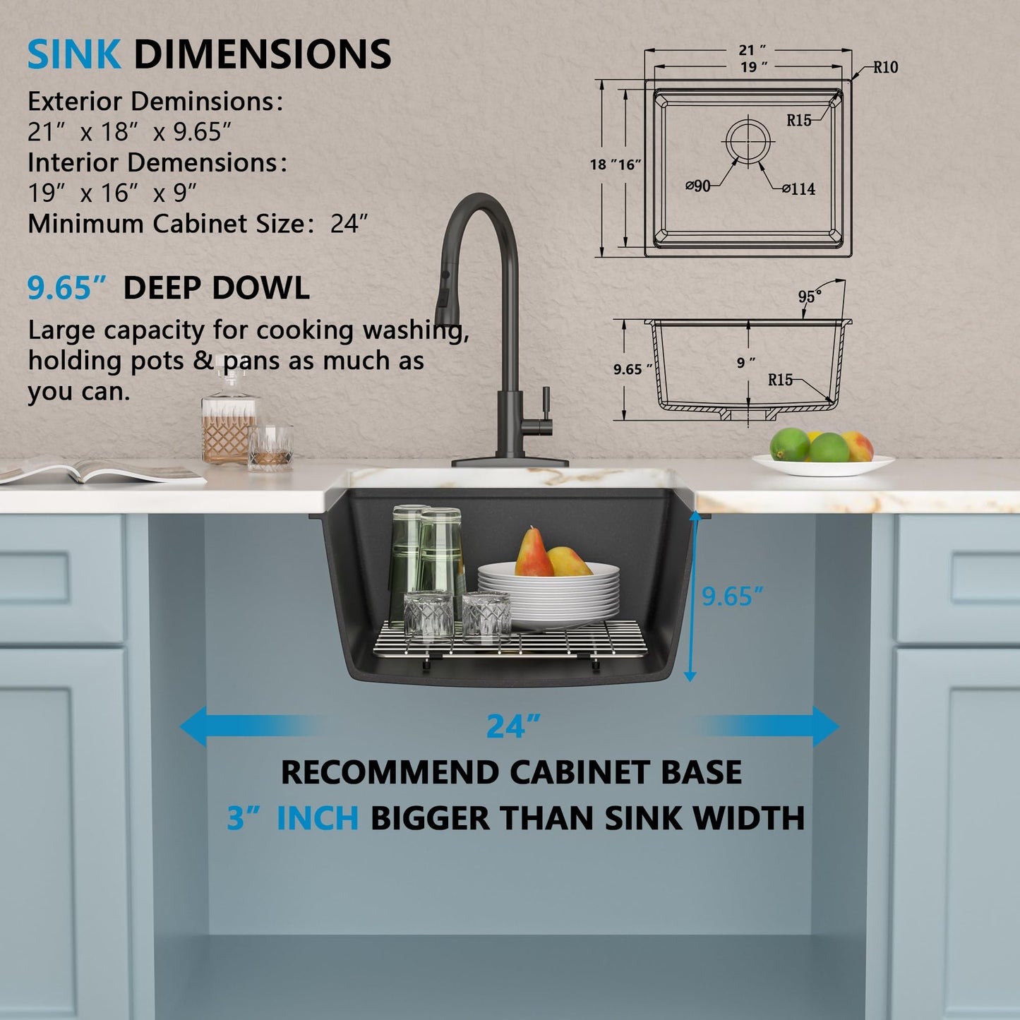 Fulorni 21"x18" Undermount Wet Bar Sink Workstation - Matte Black Granite Composite Quartz Classic Single Bowl Under Counter Small Kitchen Bar Prep RV Sink Basin