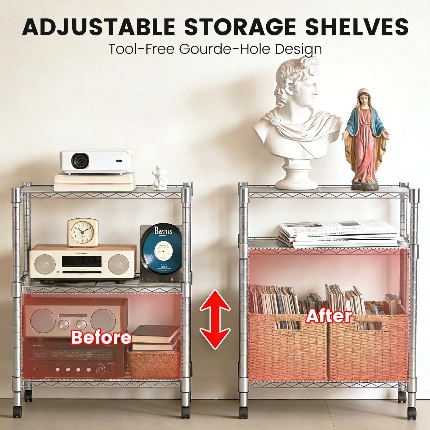 Xcity Storage Shelves, 3 Tier Heavy Duty Metal Shelving Unit with Wheels, 1050 LBS Adjustable Steel Wire Shelf for Commercial, Pantry, Kitchen, Garage, 14" D x 24" W x 30" H, Chrome