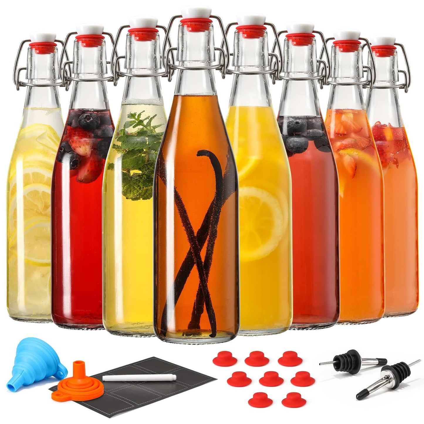 8 Set 16 OZ Swing Top Glass Bottles - Flip Top Beer Brewing Bottles with Stopper for Fermentation, Kombucha, Mead Kefir, Vanilla Extract, Juice, Tea, Wine, Soda - Airtight Cap Lids, Bonus 2 Pourers