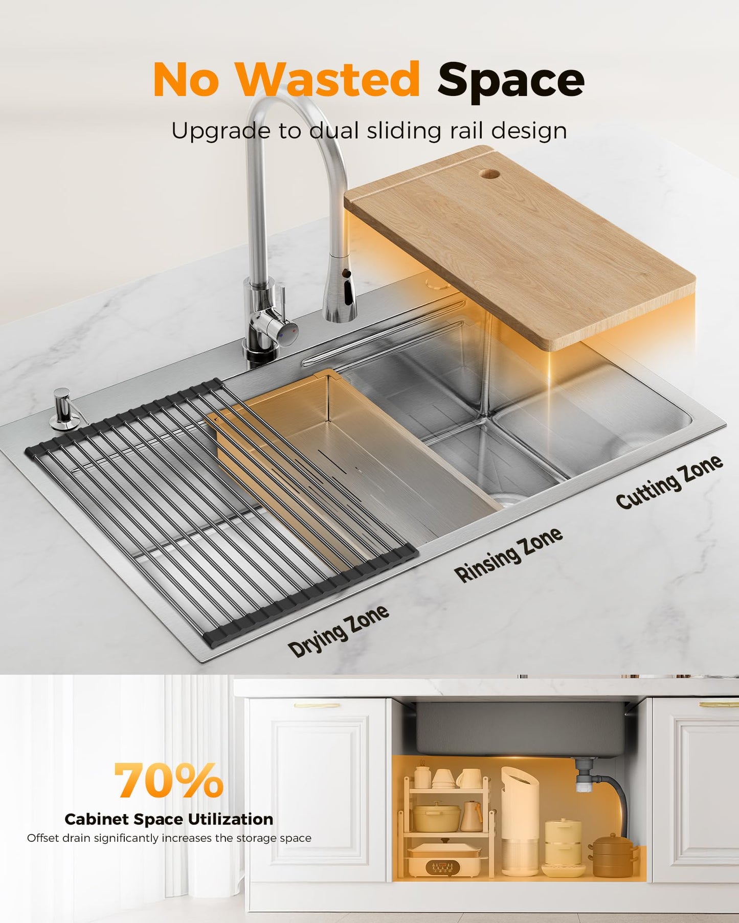 CAMMOO 33X22 Drop In Kitchen Sink, 304 Stainless Steel Workstation Sink, Pop-Up Drain, Upgraded Fast Drain & Anti-Clog, Topmount Single Bowl with Accessories, Foldable Grid for Easy Clean