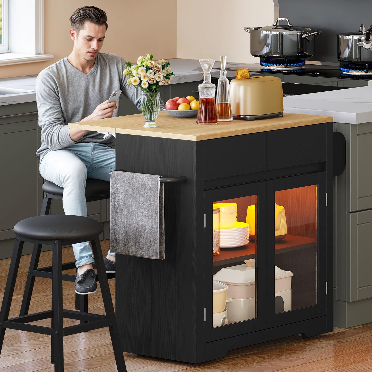 YITAHOME Rolling Kitchen island with Seating and LED Lights, Mobile Storage Islands with Drop Leaf, Dining Table with Power Outlet, 2 Drawers and Soft Stools, Spice/Towel Rack, Lacquered Finish, Black