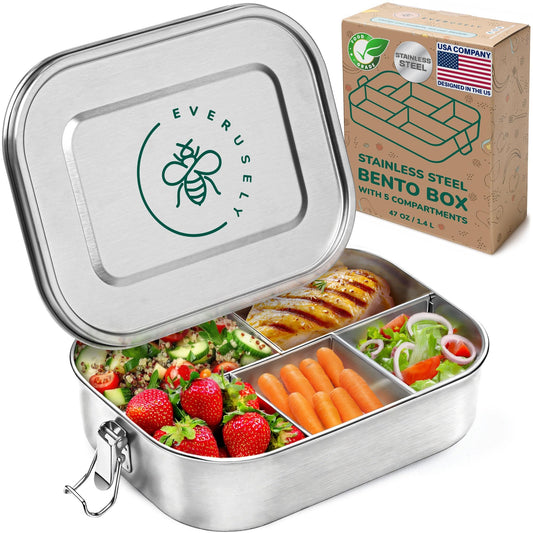 Everusely - Bento Box - Stainless Steel Lunch Box for Adults - 47 oz, 1.4 L - 5 Compartment Snack Container with Removable Silicone Seal + Secure Lock Clips - Non Plastic, Leakproof, Dishwasher Safe