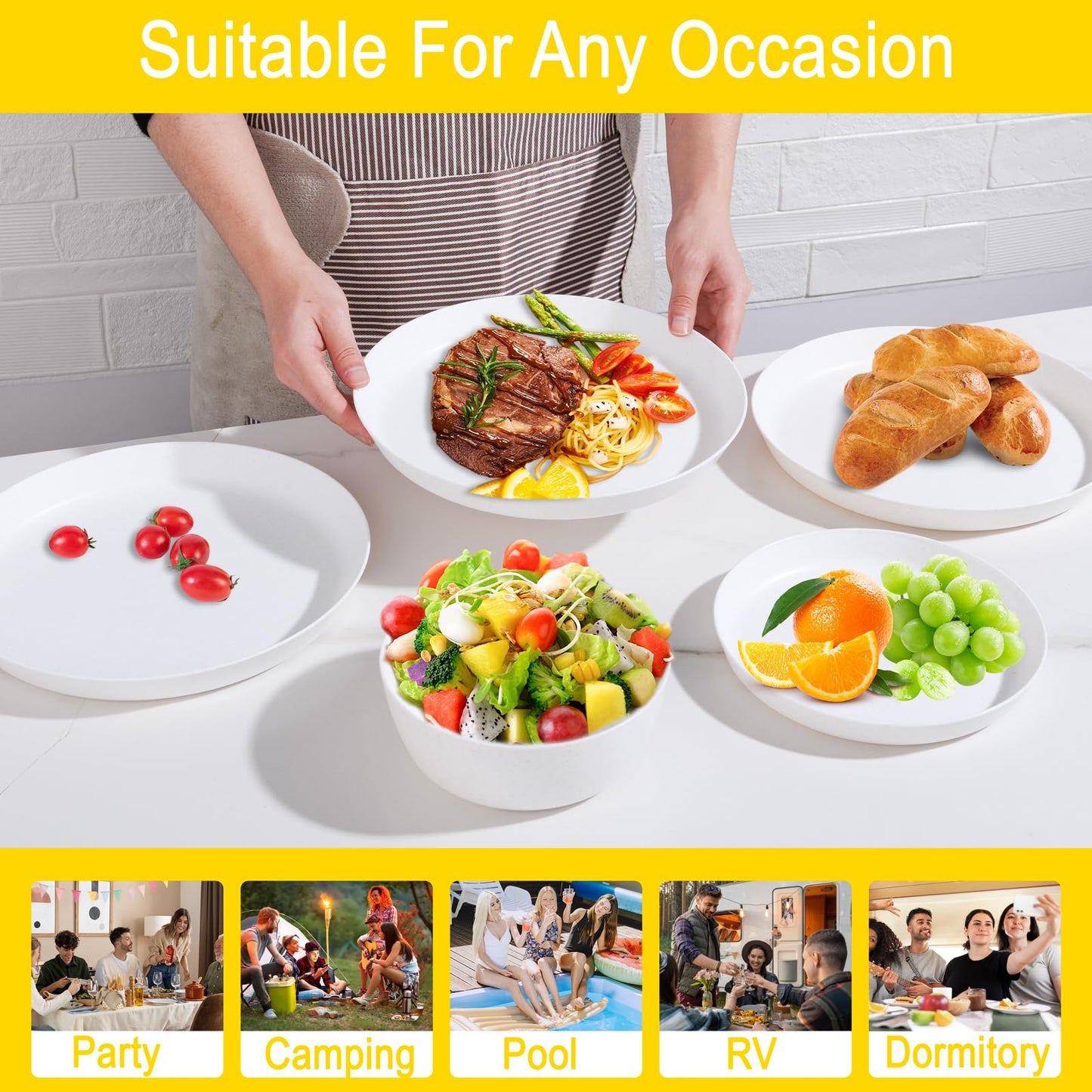 EI 12pcs White Wheat Straw Plates,Wheat Straw Dinnerware Set,Plates and Bowls Sets,Unbreakable Plastic Plate,Plastic Plates Reusable,Dinner Plates Set of 4,Plastic Dishes Set
