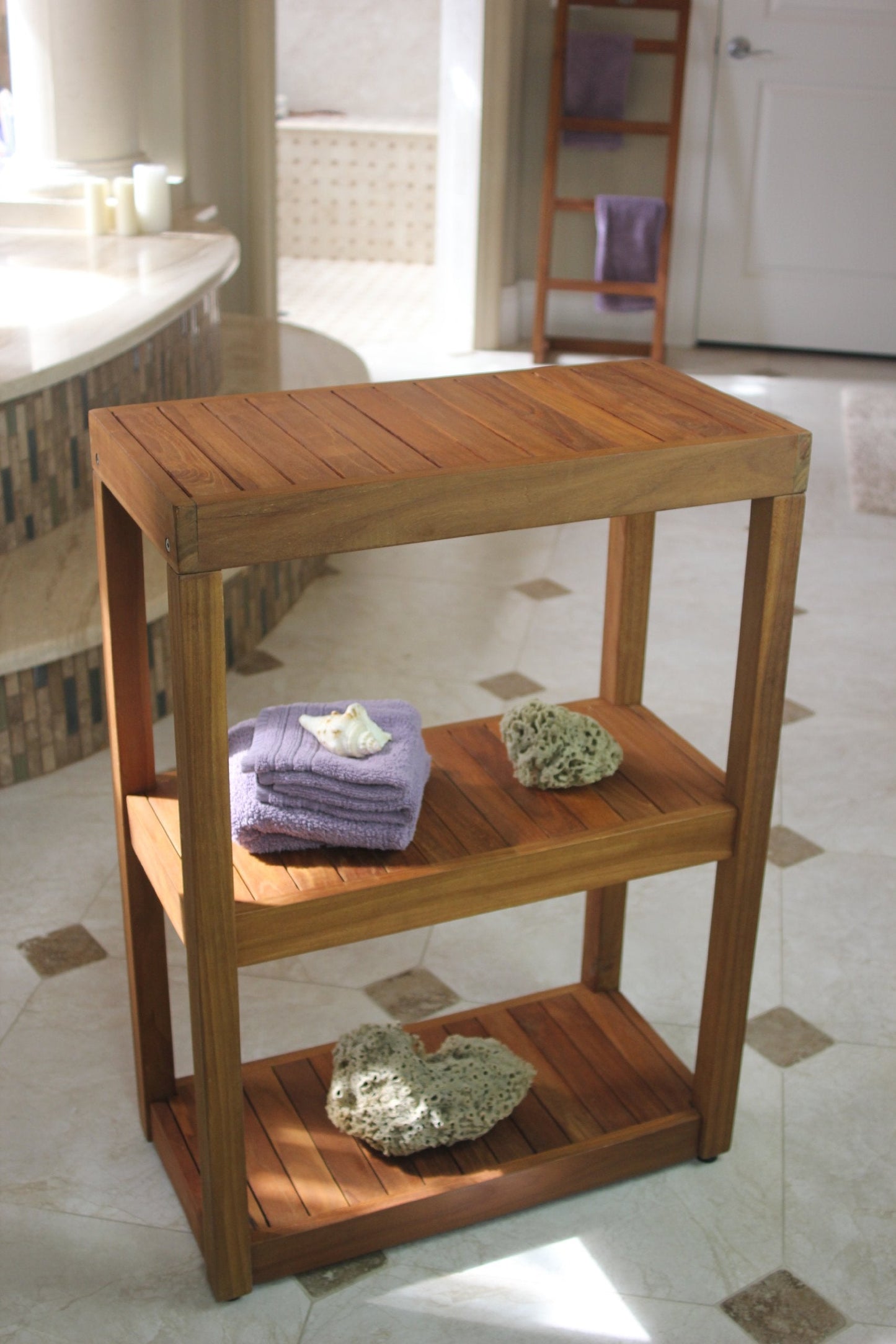 AquaTeak 12" Original Sula Rectangle Teak Bathroom Stand - Shower Stand with 3 Tier Shelf - Durable Water Resistant Shower Organizer - Space-Saving Storage Shelves with Anti-Slip Feet