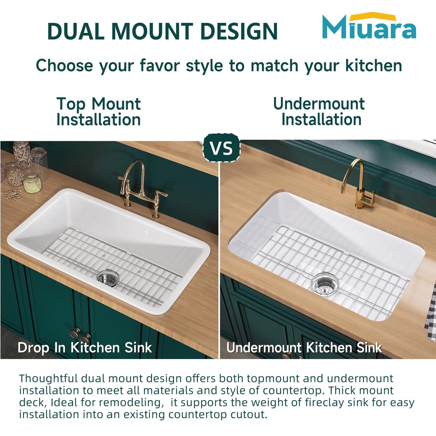 Miuara White Undermount Kitchen Sink 32 Inch - Large Topmount Fireclay Drop In Sink 32"x19"x10", Dual Mount Heavy Duty Deep Single Bowl, with 2 Custom Accessories, Glossy White, for Kitchen