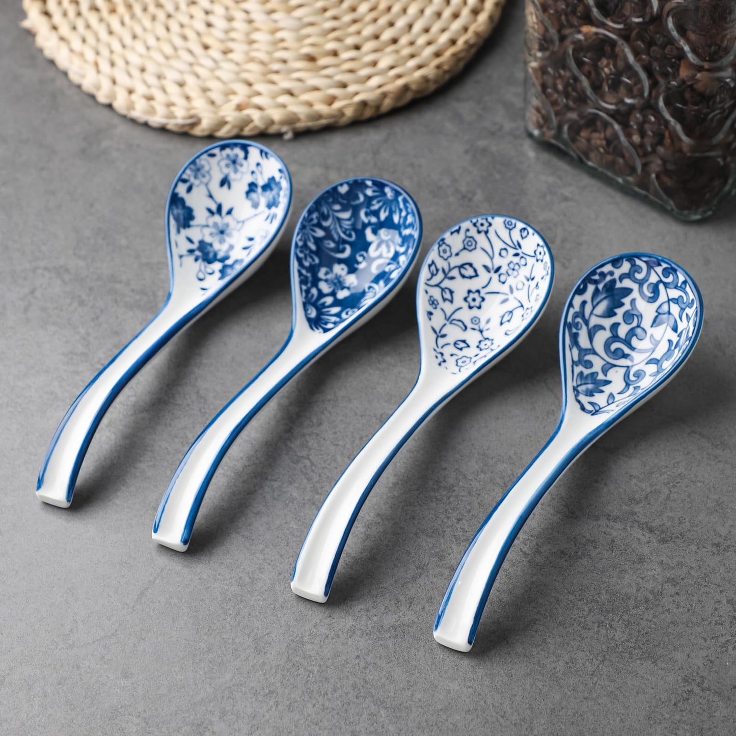 Ceramic Soup Spoons, Asian Soup Spoon Chinese Set of 4 Japanese Ramen Long Handle Soup Spoons for Udon,Pho,Ramen,Miso,Cream Soup,Pasta,Eel Rice,Broth Soup,Dumplings