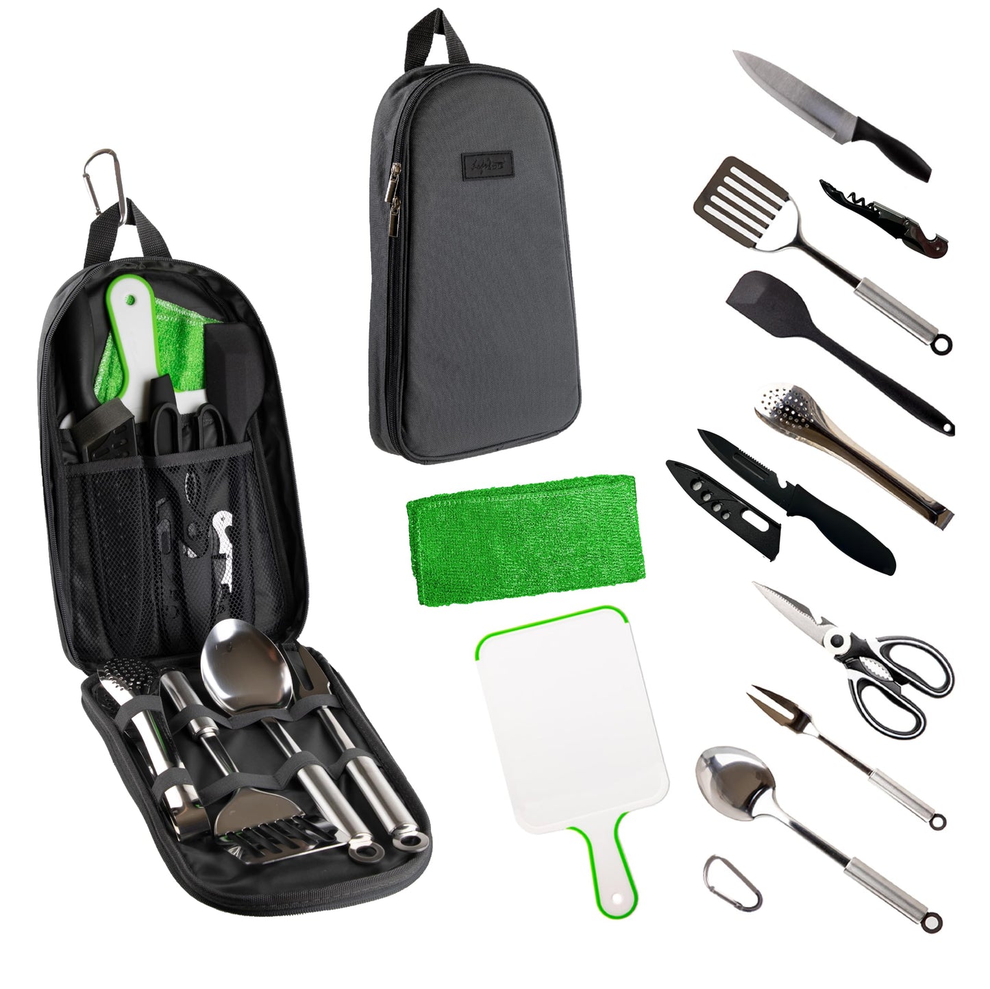 Life2Go 12 Piece Stainless Steel Camping Cooking Utensils Set, Portable Outdoor Kitchen Kit with Chef Knife, Tongs, Spatula, Scissors, Camp Cooking Gear with Carry Case for Hiking, BBQ & Travel, Gray