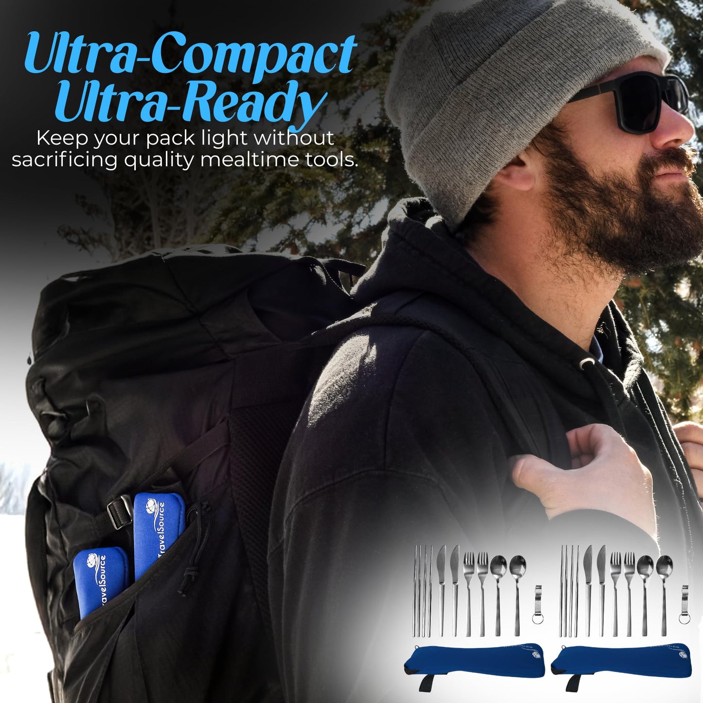 Camping Travel Utensils with Case - 4-Person (2 Pouches) Fork, Spoon, Knife Silverware Set - Reusable Portable Hiking Camping Lunch Cutlery - Family Mess Kit - Stainless Steel