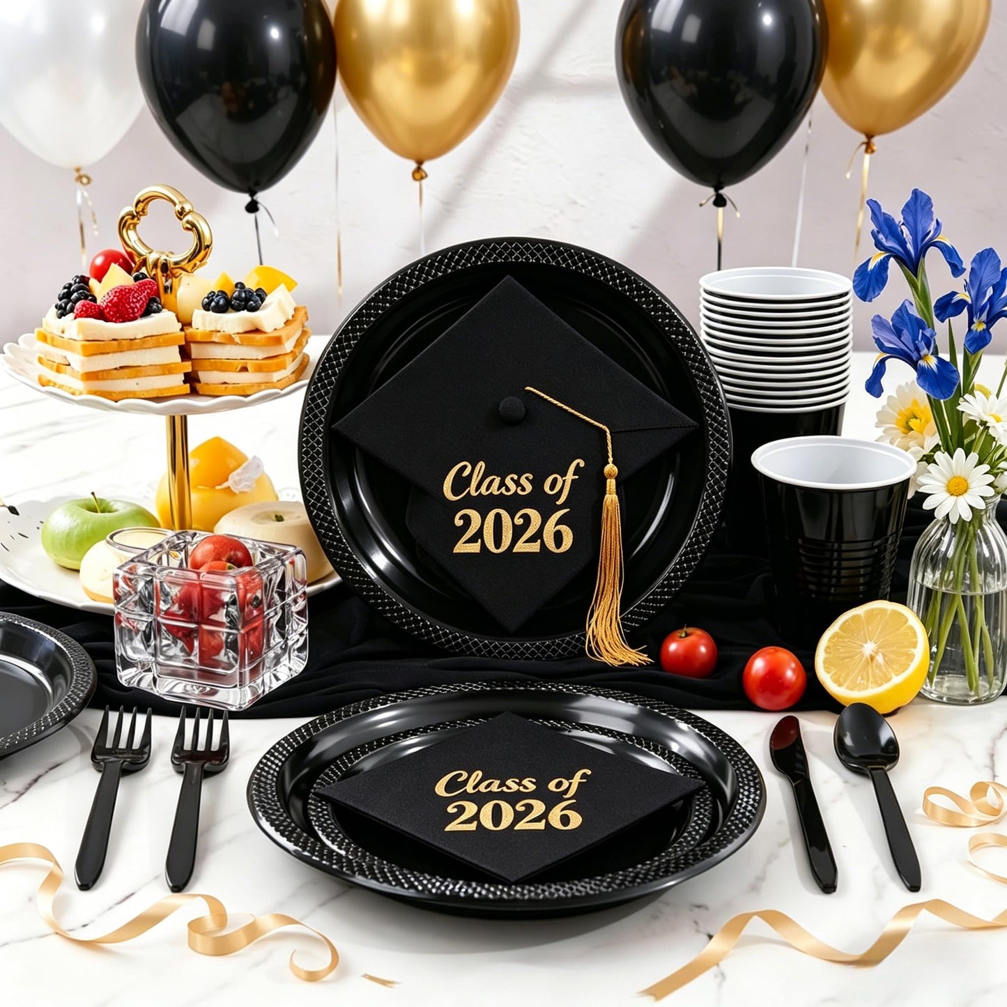 WELLIFE 210 PCS Black Plastic Plates for 30 Guests - Disposable Dinnerware Set Including Dinner Plates, Dessert Plates, 12oz Cups, Cutlery & Napkins, Black Disposable Plates for Party and Birthdays