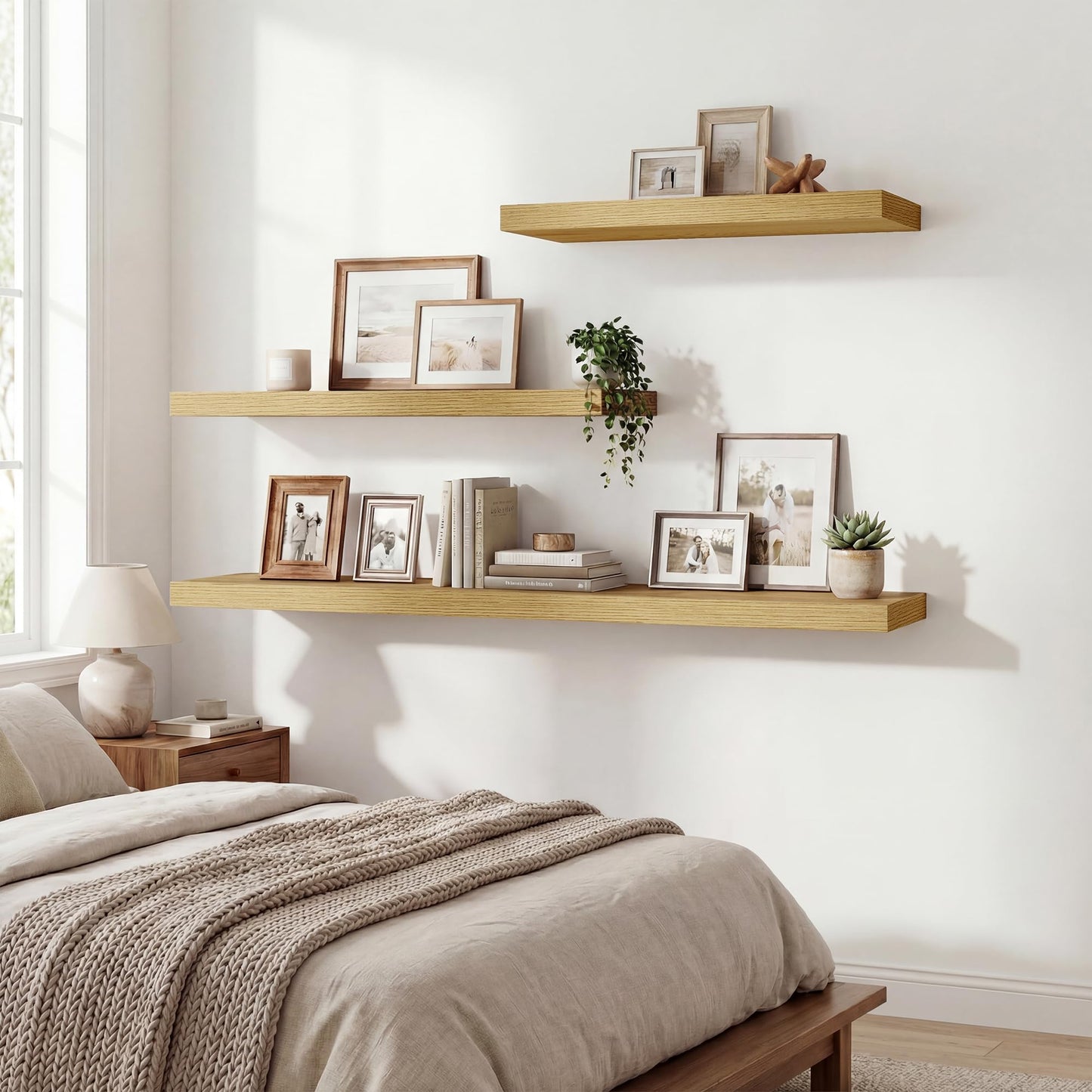 36 Inch Black Floating Shelves for Wall,9.3" Deep Long Floating Shelf Set of 2,Wood Wall Mounted Shelves Farmhouse Home Decor,Wall Storage Shelf for Bathroom Bedroom Living Room Kitchen Office,Oak