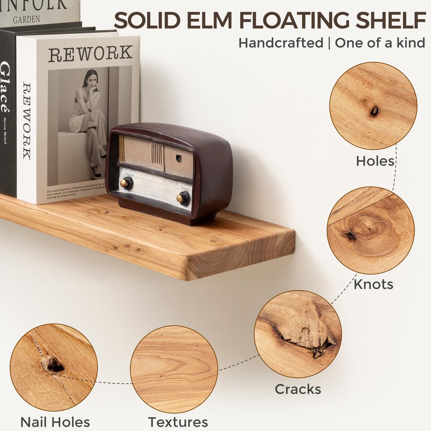 Fun Memories 24 Inch Floating Shelves, Solid Elm Wood Wall Shelf for Home Decor, Rustic Bathroom Shelves Set of 2, Heavy-Duty Storage Shelf for Kitchen, Bedroom, Living Room