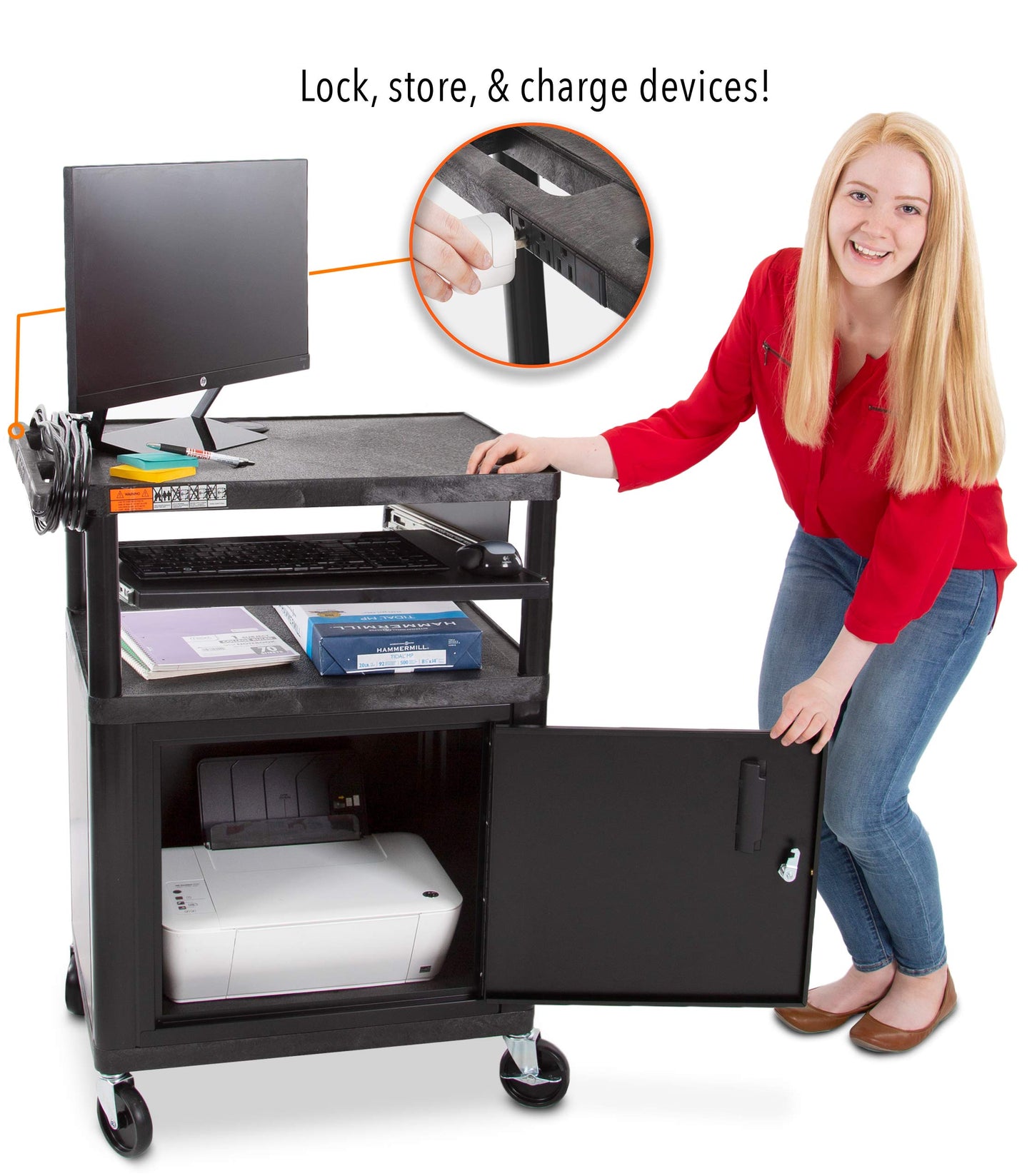 Line Leader Plastic AV Cart with Keyboard Tray and Locking Metal Cabinet, Heavy Duty Mobile Workstation with 4 Rolling Casters, 2 Locking Brakes, Heavy Duty, Holds up to 100 lbs (34 Inch w Cabinet)