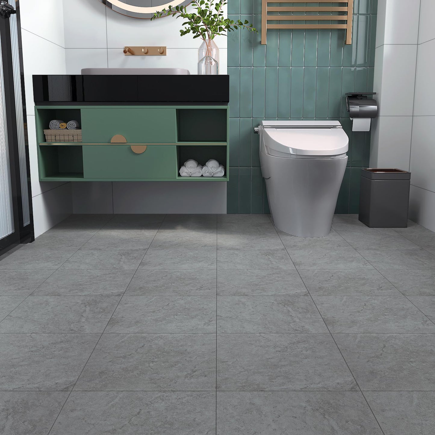VaryStyle 12"x12" Grey Concrete Peel and Stick Floor Tiles Vinyl Flooring Waterproof Sticky Tiles for Floor Self Adhesive Removable Stick on Floor Tile for Kitchen Bathroom Basement Flooring 6 Tiles
