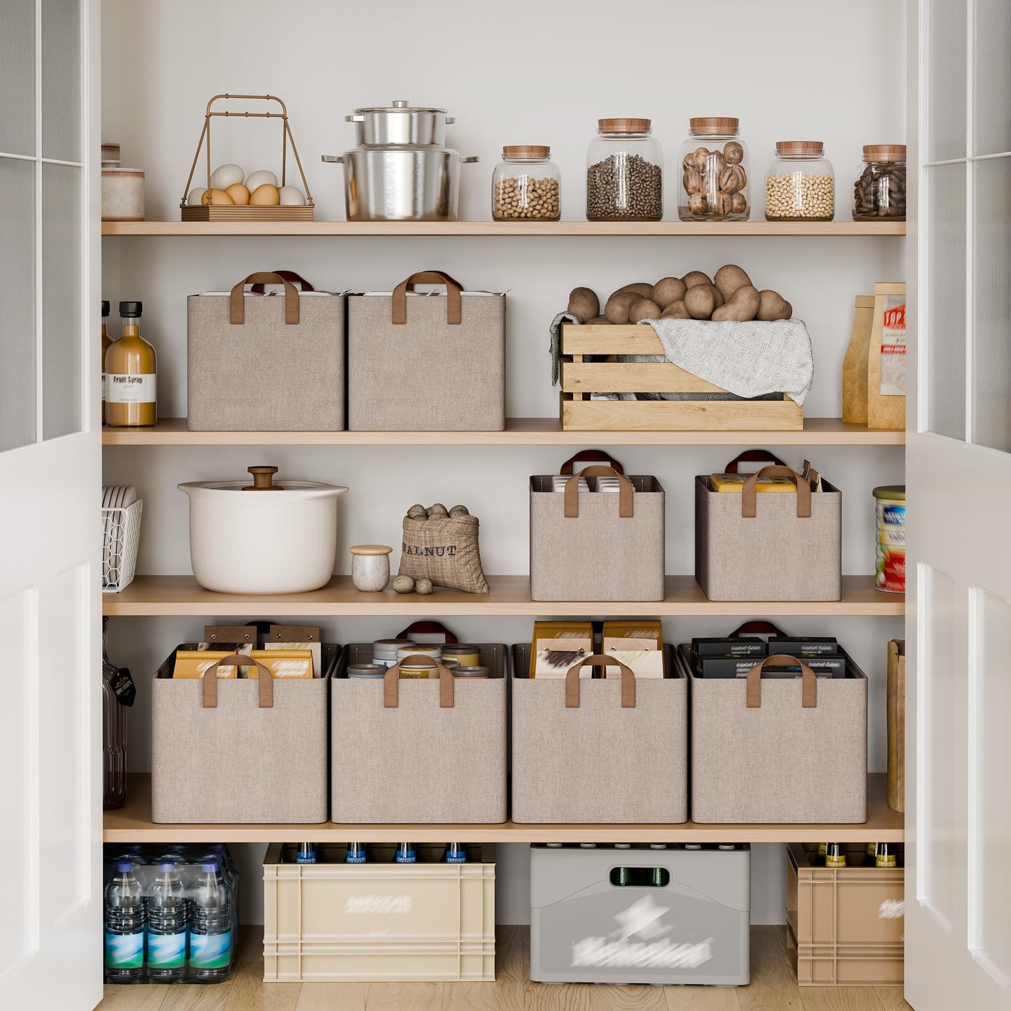 StorageWorks Storage Bins, Fabric Storage Bins for Shelves, Large Storage Baskets with Metal Frame, Closet Baskets and Bins with Handles, Brown and Beige, 2-Pack