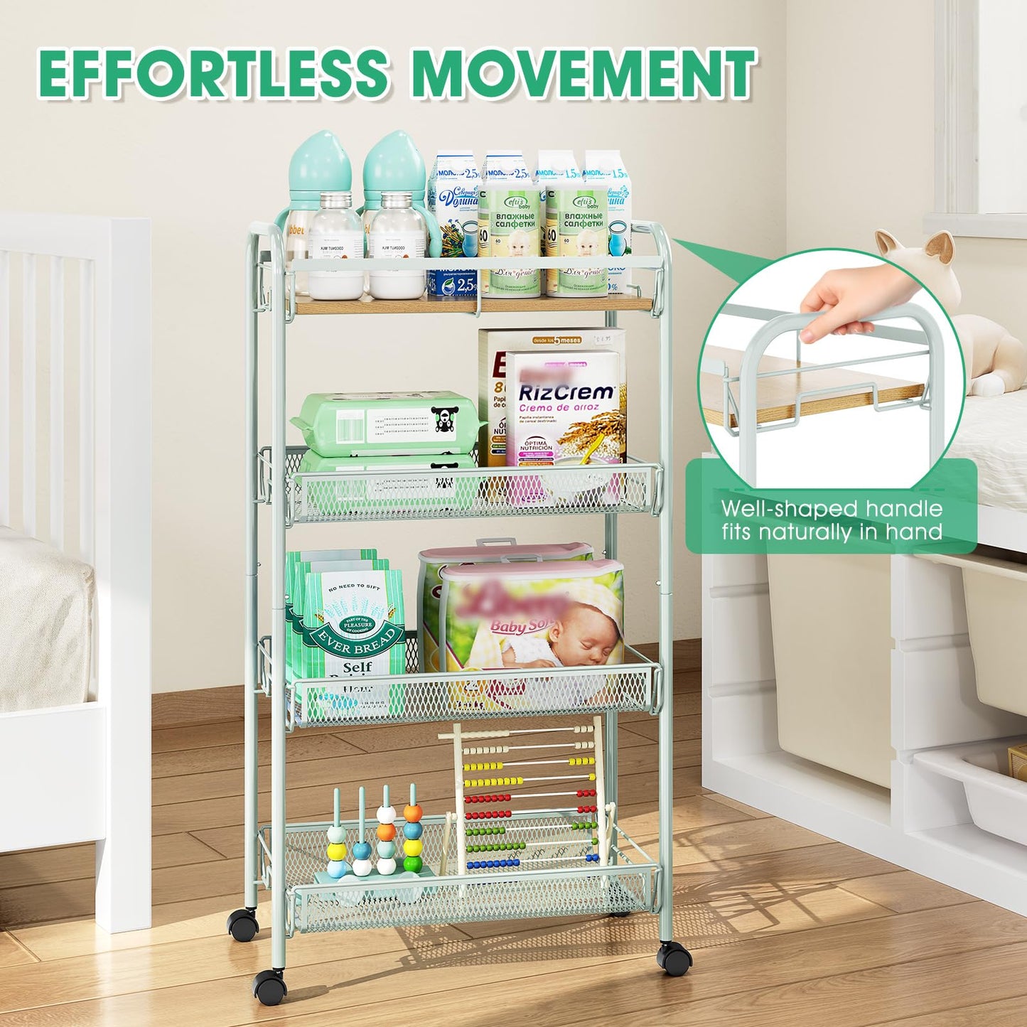TOOLF 4-Tier Rolling Cart, Metal Utility Cart, Slide Out Storage Cart with Wooden Tabletop and Mesh Baskets for Narrow Space on Kitchen Bathroom Laundry Room Bedroom Apartments Dormitory (Green, Wide)