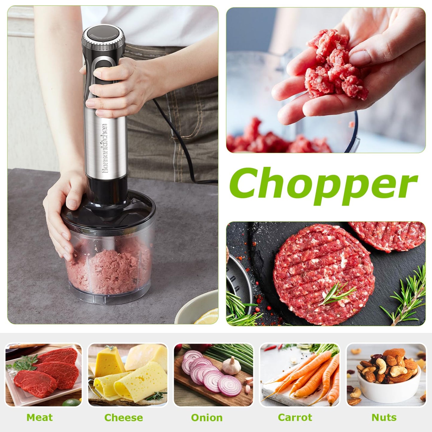 Bonsenkitchen Immersion Blender Handheld with Food Processor, 20 Speeds Hand Blender with Turbo Mode, Stainless Steel Blade, Egg Whisk, Beaker & Chopper Bowl, Hand Mixer for Smoothie, Soup, Baby Food