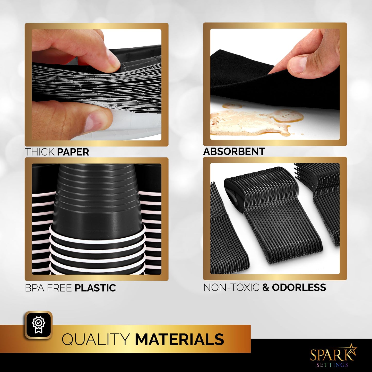 Black Party Supplies Set Paper Plates Plastic Cups Forks Knives Spoons Napkins Tablecloth Serves 20 Guests Disposable Dinnerware Set of 222 Pieces, Complete Tableware for Party - By SparkSettings