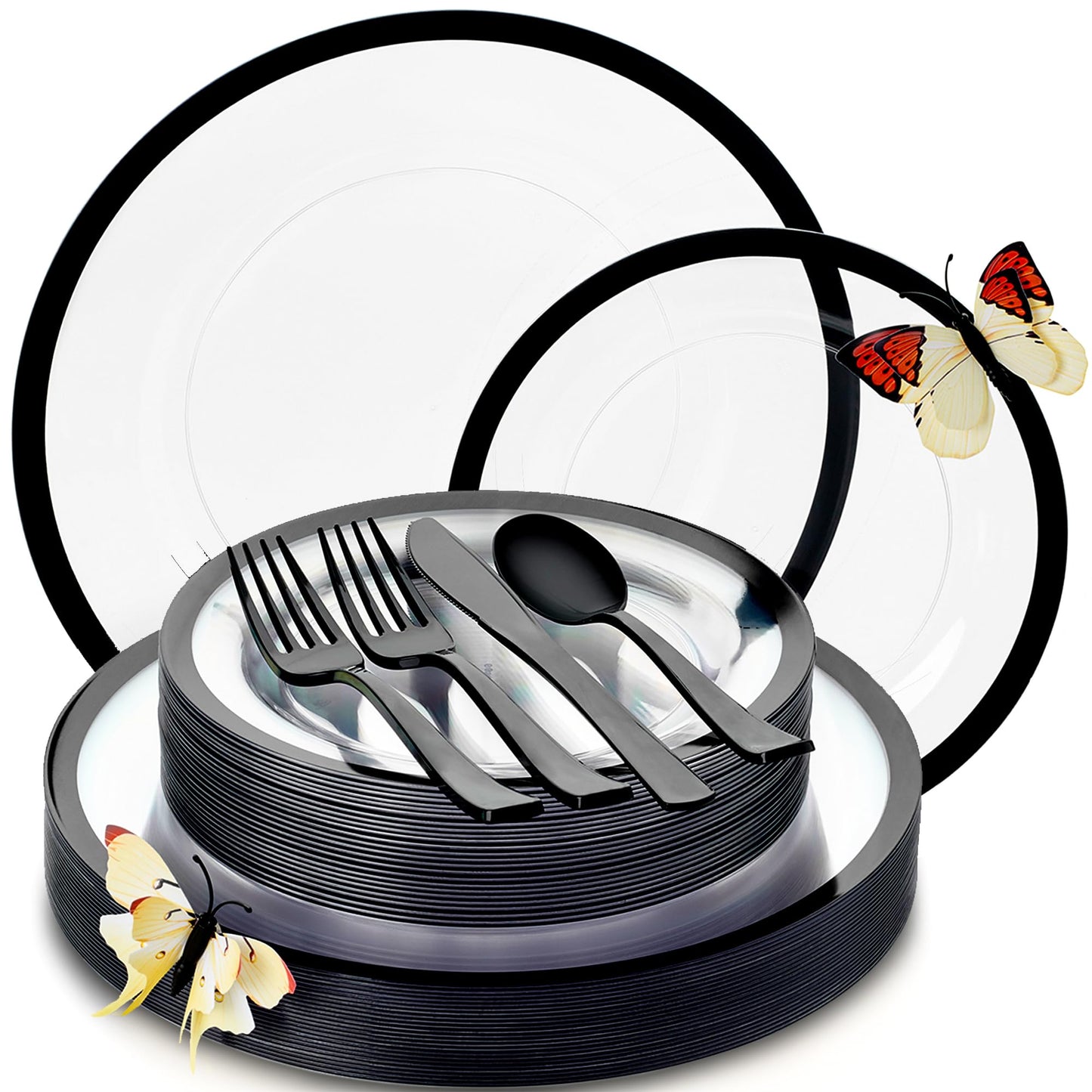 By Madee HEAVYWEIGHT 150 Pcs Clear and Black Plastic Plates and Utensils Set | Fancy Plastic Dinnerware Sets with Gift of 3D Butterflies for Table Decor (25 Guests)