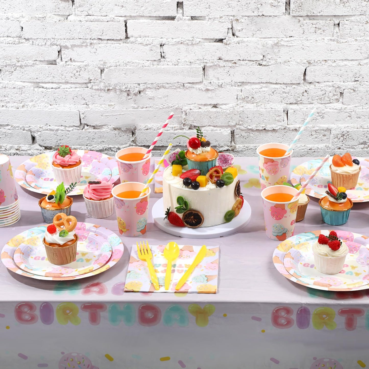 LOYIM 194 Pcs Ice Cream Birthday Party Decorations Supplies 24 Guest Disposable Dinnerware with Ice Cream Tablecloth Paper Plates Cup Napkin Plastic Fork Knives Spoon for Grow up Party Shower