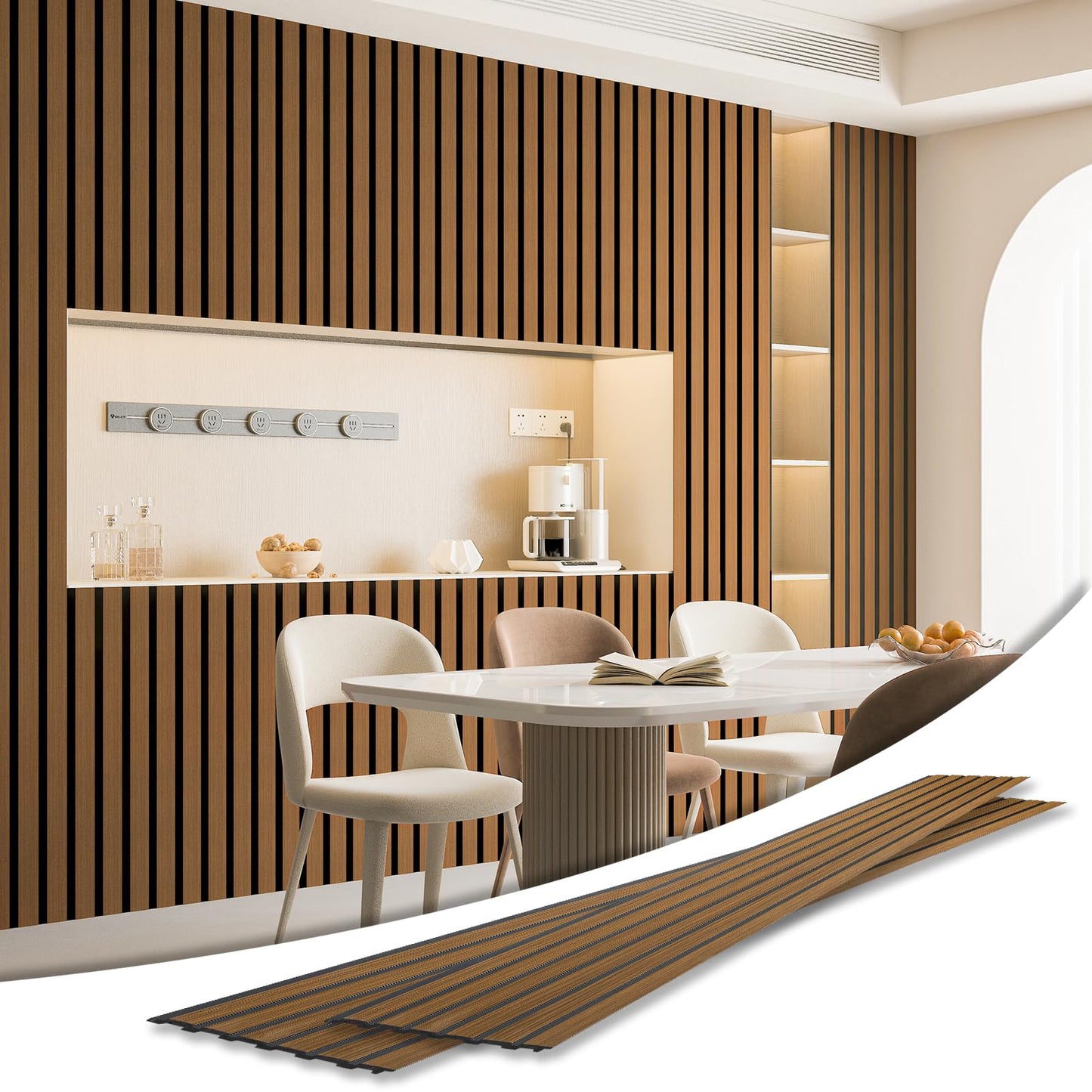 Art3d 4-Pack Glue-On Six-Grid Wainscoting Panel for Interior Wall Decor - 104 x 12 Inch Polystyrene Ultralight Slim Slat Wall Panels for Living Room Bedroom, Rosewood