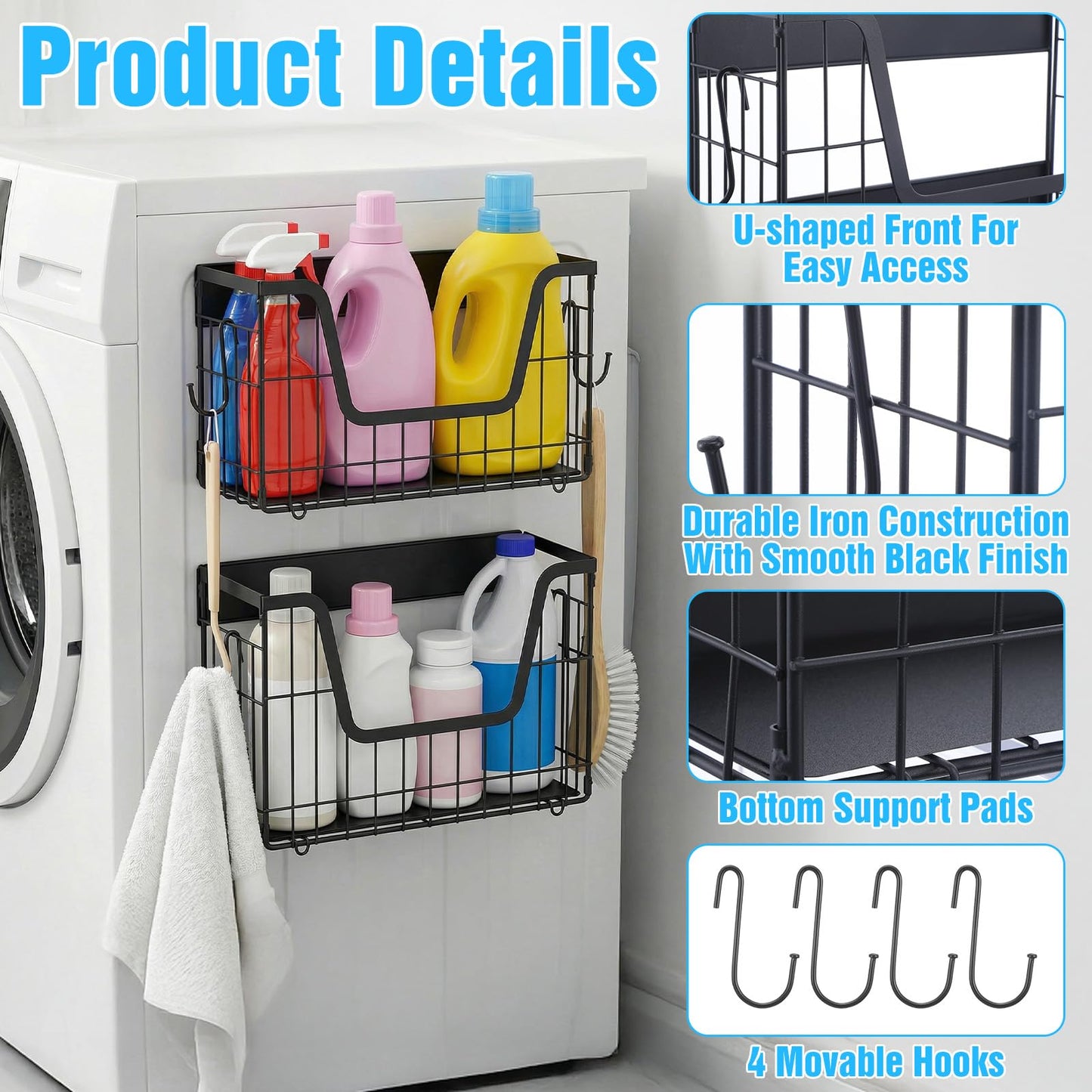 2-Pack Magnetic Shelves for Refrigerator – Heavy Duty Storage Baskets with Hooks, Space-Saving Fridge Organizer for Fruits, Vegetables, Snacks, Laundry & Kitchen Supplies