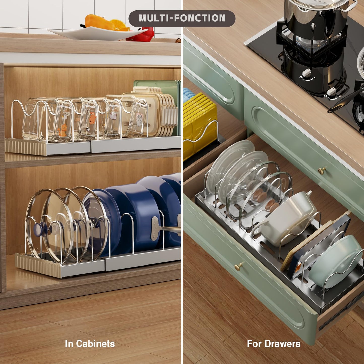 Magheo 2 Pack Expandable Food Storage Container Lid Organizers, 22" Pots and Pans Organizer Under Cabinet with 9 Adjustable Dividers Pot and Pan Lid Holders Rack Inside Cabinet(Gray)