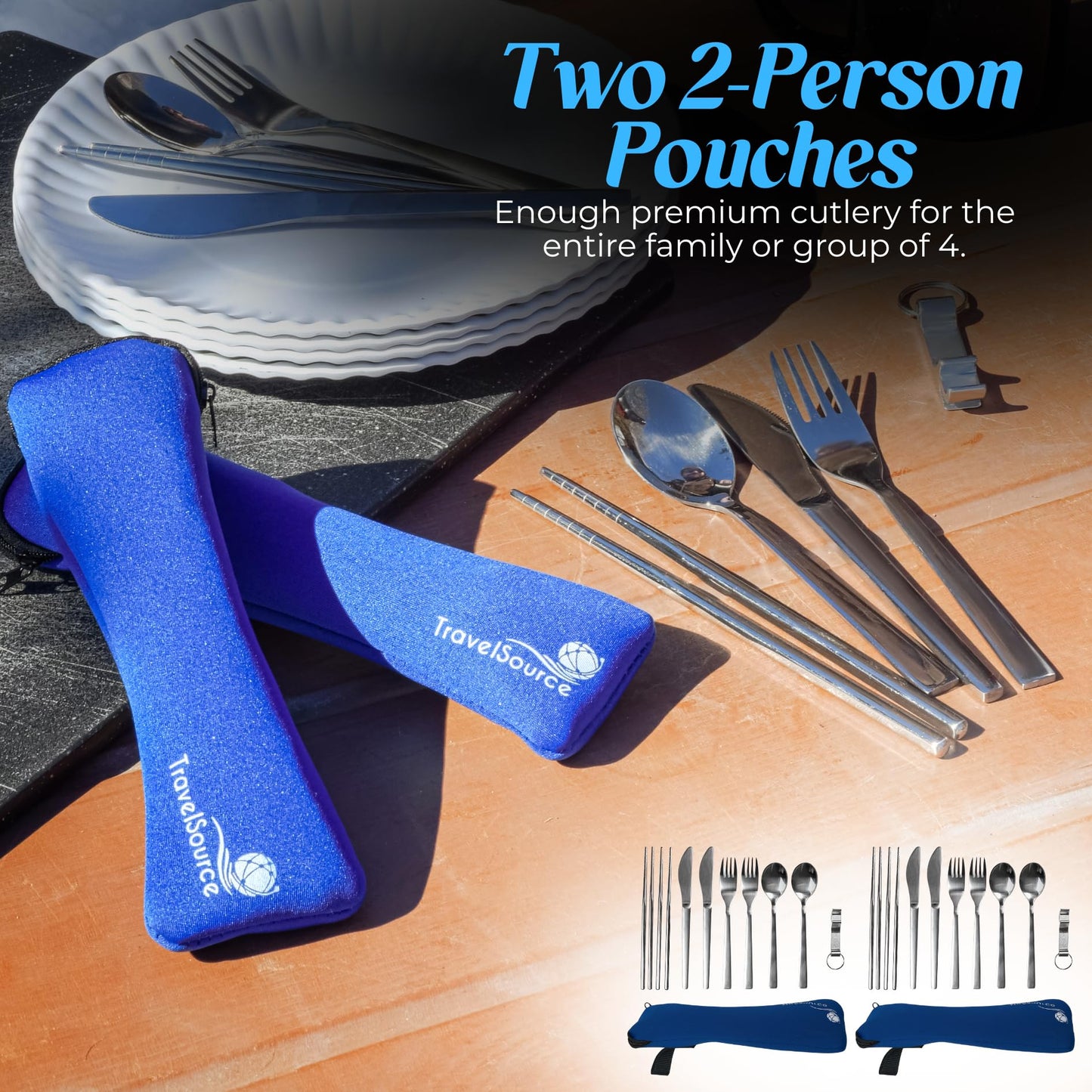 Camping Travel Utensils with Case - 4-Person (2 Pouches) Fork, Spoon, Knife Silverware Set - Reusable Portable Hiking Camping Lunch Cutlery - Family Mess Kit - Stainless Steel