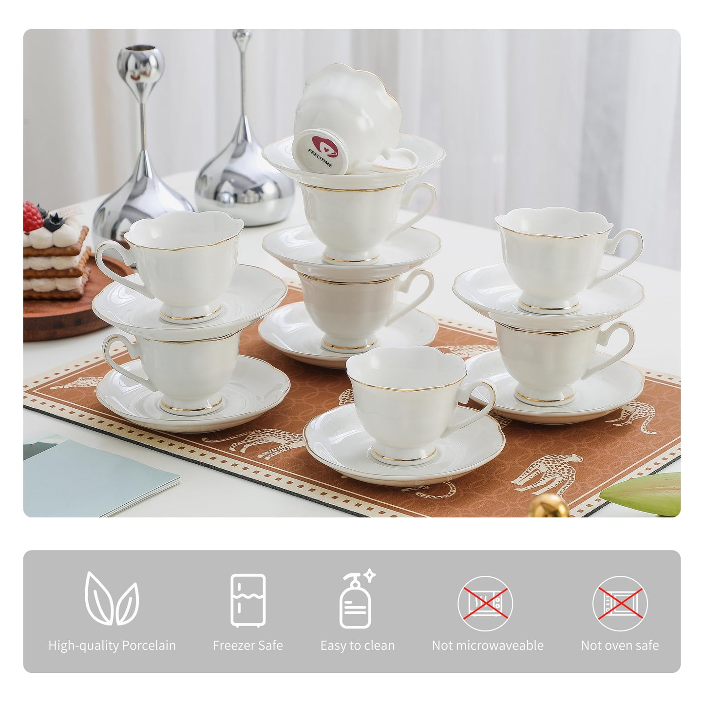 PRECITIME White Porcelain 75ml Demitasse Set of 8 (16-Piece) - 2.5oz Espresso Cups & Saucers, Elegant White & Gold Trim Coffee Set for Turkish Coffee, After Dinner, Gift Giving