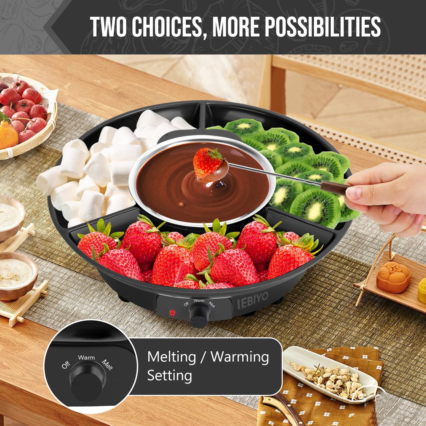 IEBIYO Chocolate Melting Pot Electric Chocolate Fondue Pot Set 3-Section Food Trays with 6pcs Dipping Forks Perfect for Chocolate Cheese Dessert Housewarming Christmas Party Gifts (Black)