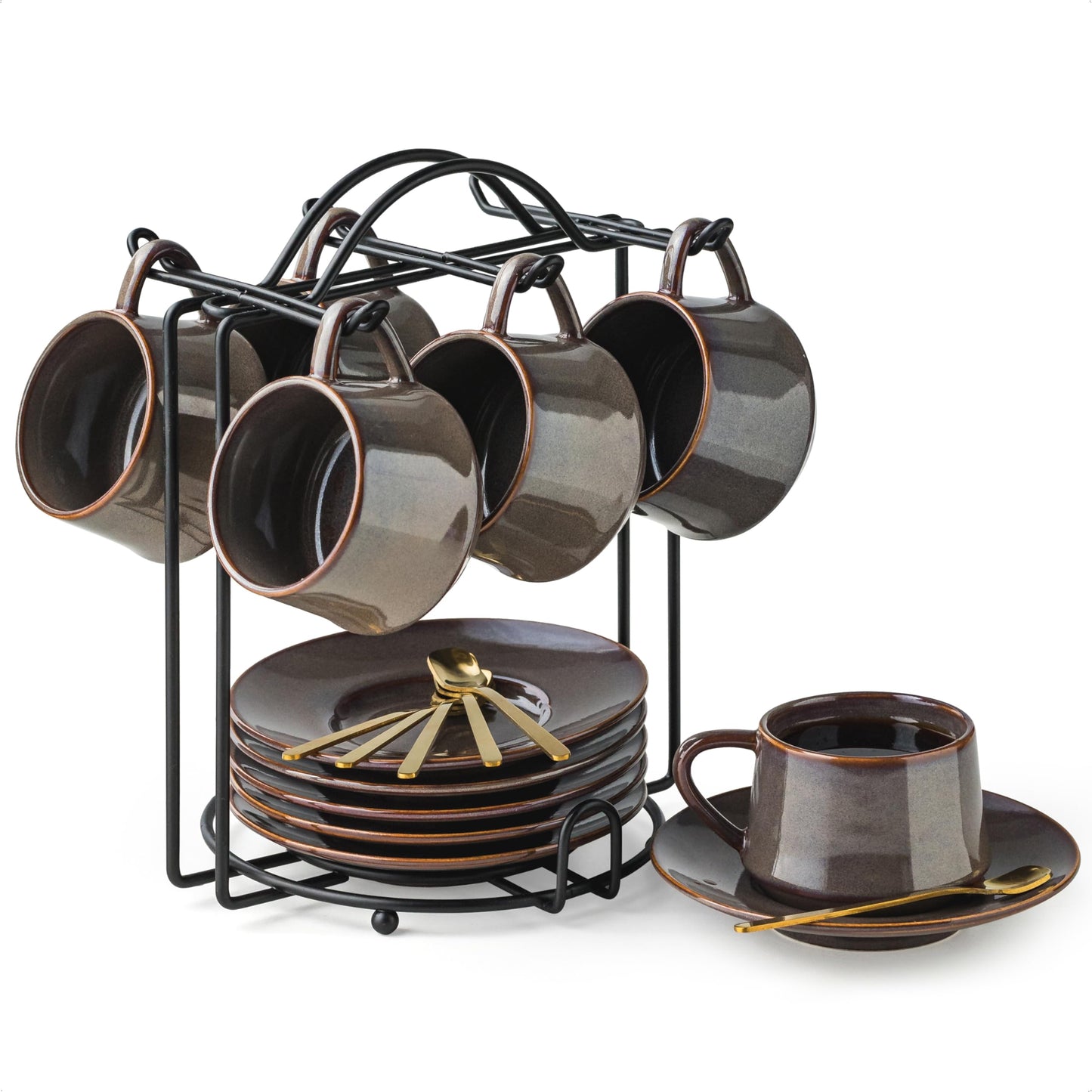 YHOSSEUN Espresso Cups 4 Oz, Porcelain Coffee Cups Set of 6 Espresso Cup with Saucers, Meatal Stand, and Stir Spoons, Brown Expresso Shots Cup