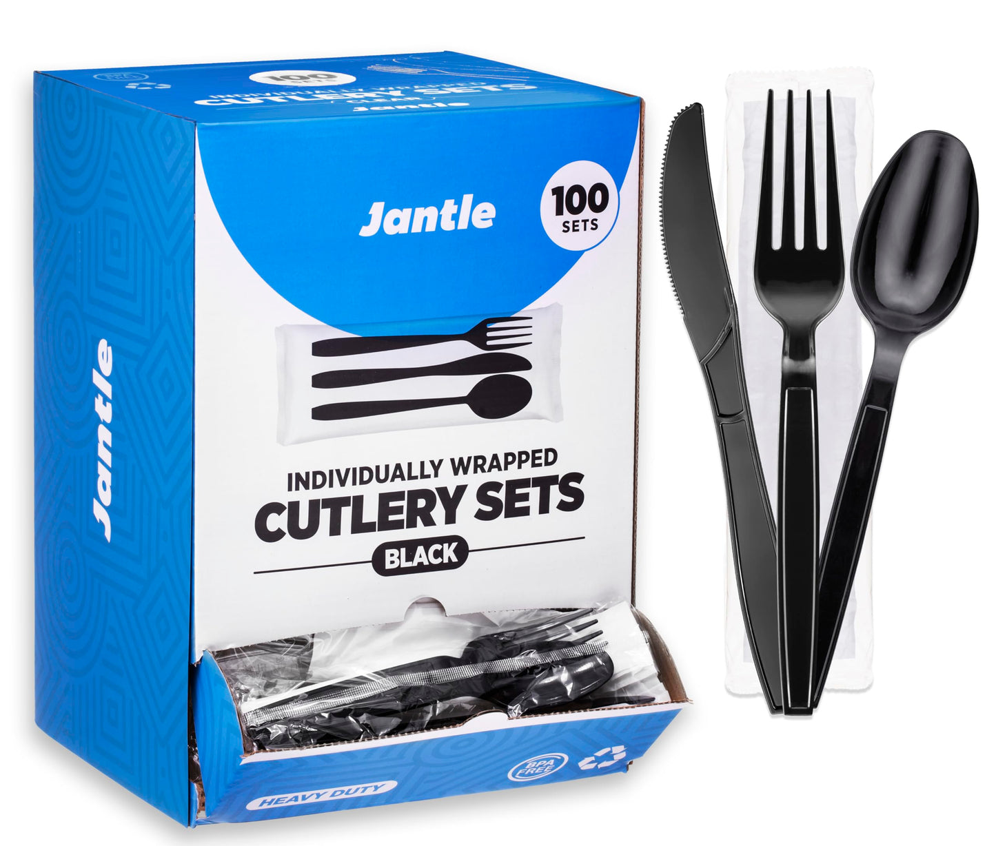 Individually Wrapped Plastic Cutlery Set with Napkin - 100 Pack Heavy Duty Disposable Forks, Spoons, Knives - Sanitary Wrapped Utensils Packets for Restaurants, Catering, Takeout, Parties (Black)