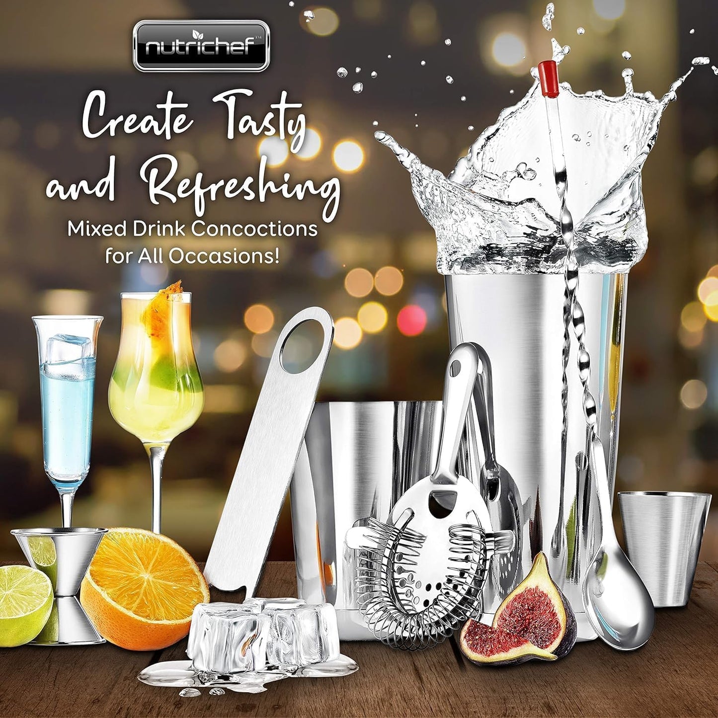 NutriChef Mixology Bartender Cocktail Shaker Set - Includes 15 & 30 oz Stainless Steel Shakers, 6 Bottle Pourers & More - Essential Martini Making Kit - Drink Mixing Set - 15 Piece Cocktail Bar Set