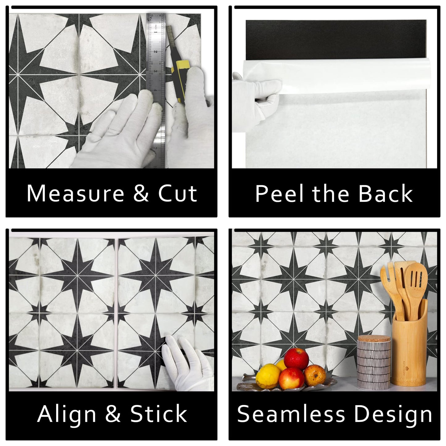 The Tiles Plaza Encaustic Peel and Stick Backsplash, Black Star Patterned Vintage Stick on Tiles, Stone Composite Self-Adhesive Wall Tile Sticker for Kitchen Bathroom Fireplace Stairs, 10 Sheets