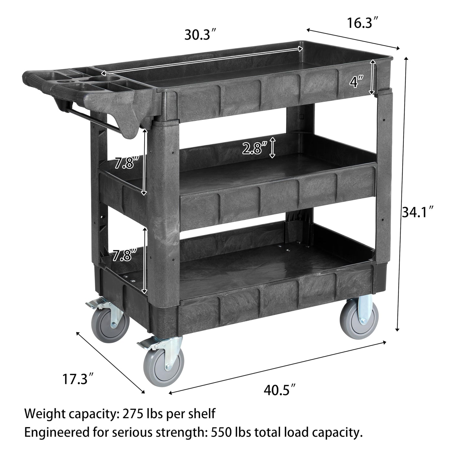Finnhomy Commercial Grade 3‑Tier Heavy Duty Utility Service Cart 550 lbs Capacity 40.5" x 17.3" x 34.1" Rolling Cart with 5" Swivel Casters and Polypropylene Shelves, Dark Gray