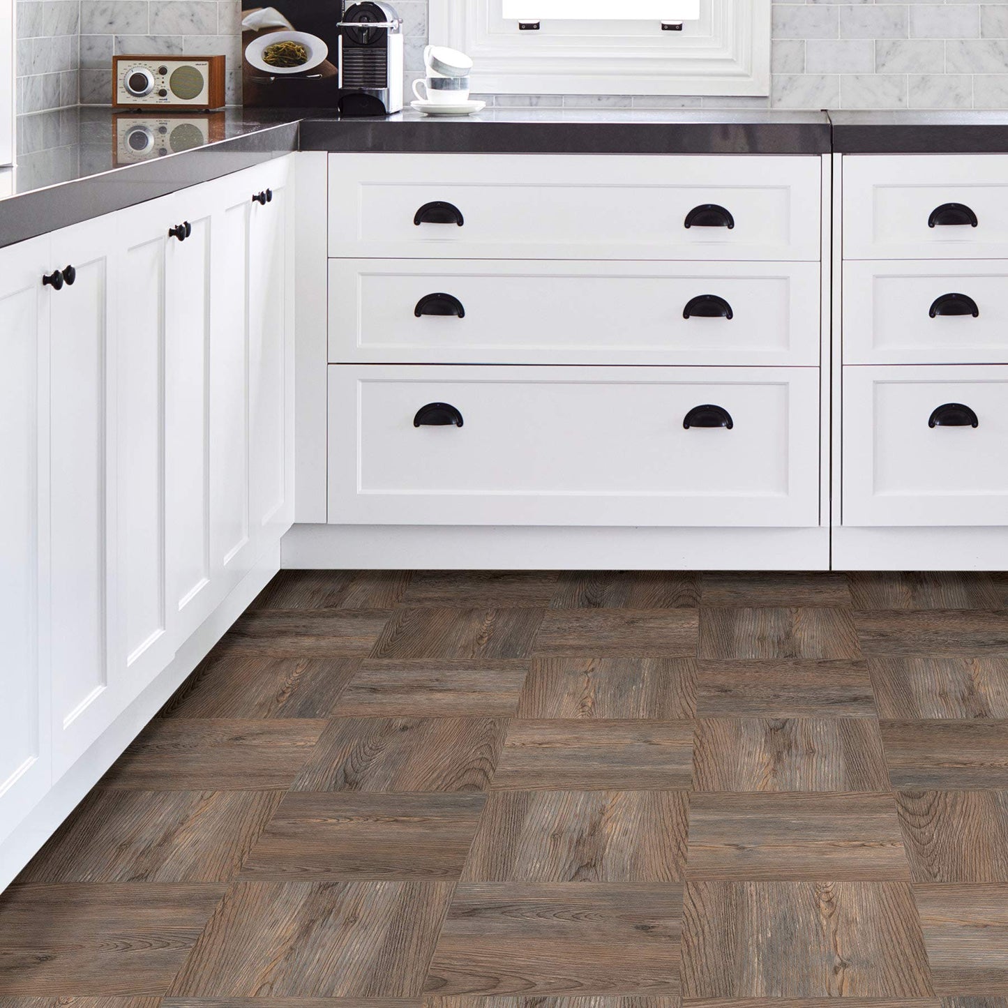 FloorPops Knotting Hill Peel and Stick Floor Tiles, Brown, Wood-Look Vinyl Floor Tiles, 12 in x 12 in, Pack of 10