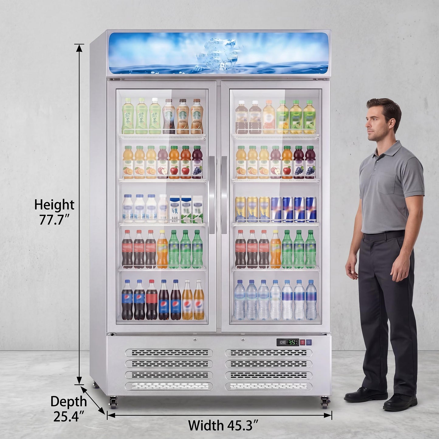 Commercial Refrigerator, 25.3 Cu Ft Commercial Merchandiser Refrigerator, Upright Beverage Display Cooler with 2 Glass Door and LED Light, Large Business Cooler for Home Restaurant Grocery Stores