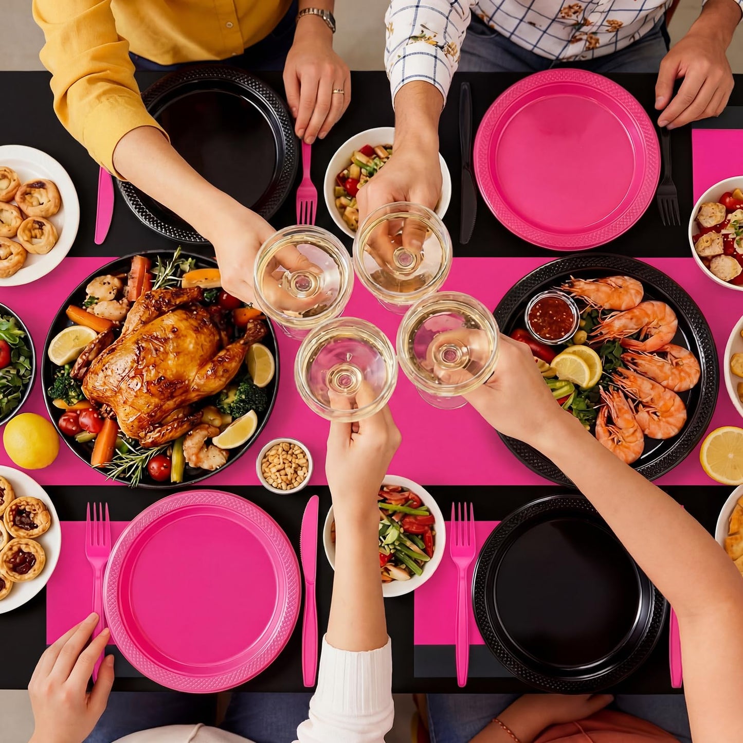 Uiifan 194 Pcs Plastic Plates Party Set Disposable Tableware Set for 24 Guests with Plastic Plates Spoons Forks Knives Cups tablecloth Napkins for Graduation Birthday Wedding Party(Hot Pink,Black)